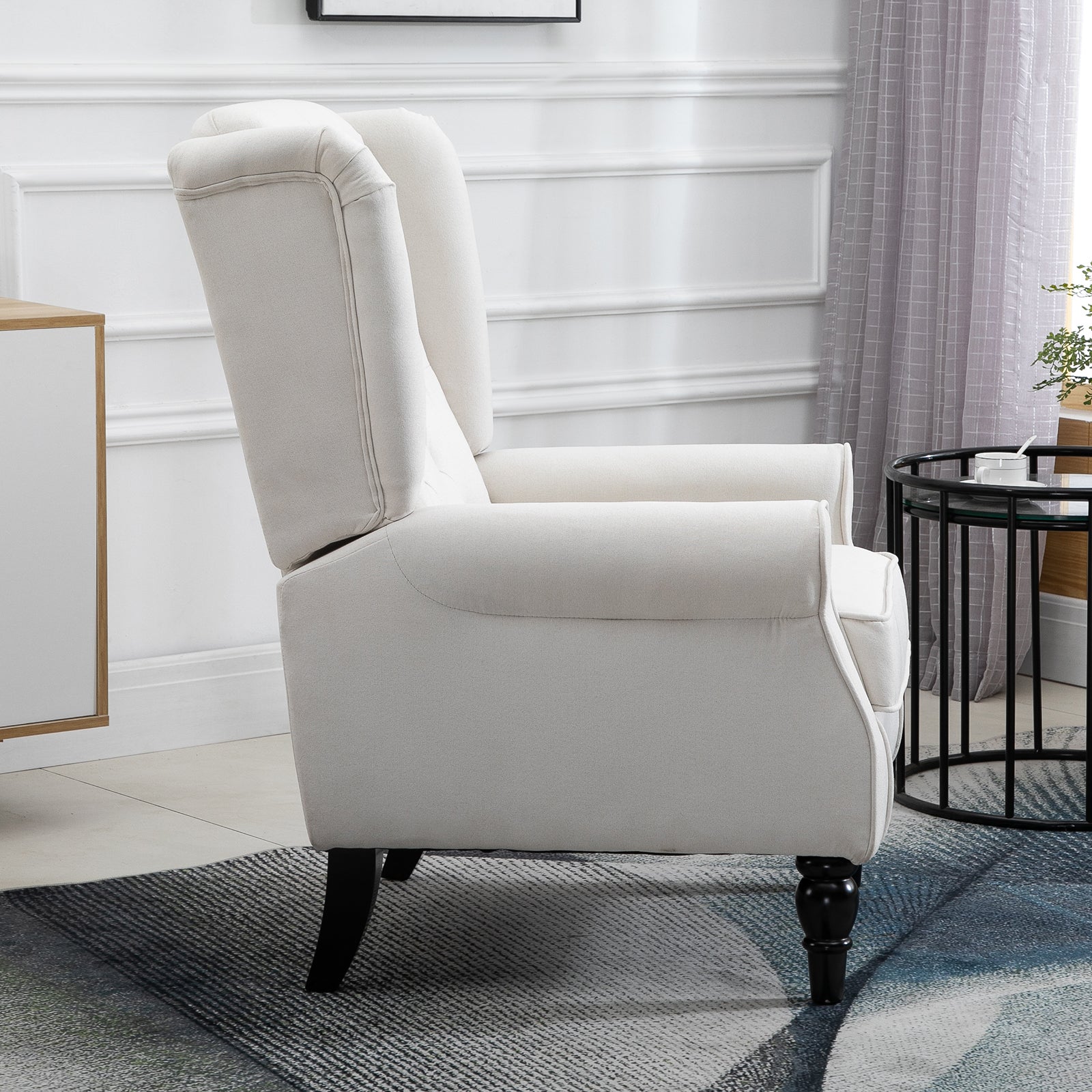 Wingback Chair with Tufting, High Backrest, Upholstered Lounge Chair with Rounded Armrests, Wooden Legs, for Bedroom, Living Room, up to 160 kg, Cream White