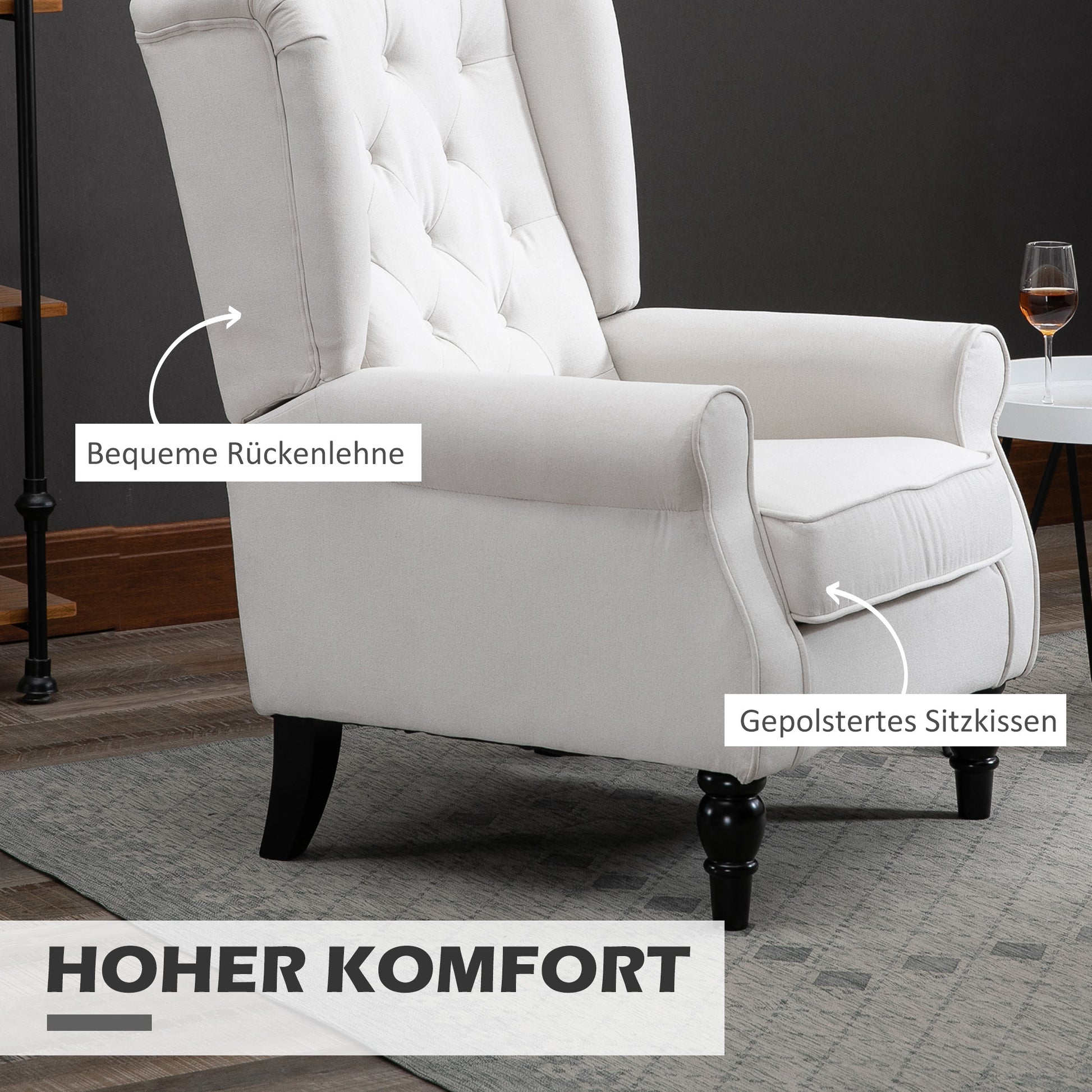 Wingback Chair with Tufting, High Backrest, Upholstered Lounge Chair with Rounded Armrests, Wooden Legs, for Bedroom, Living Room, up to 160 kg, Cream White
