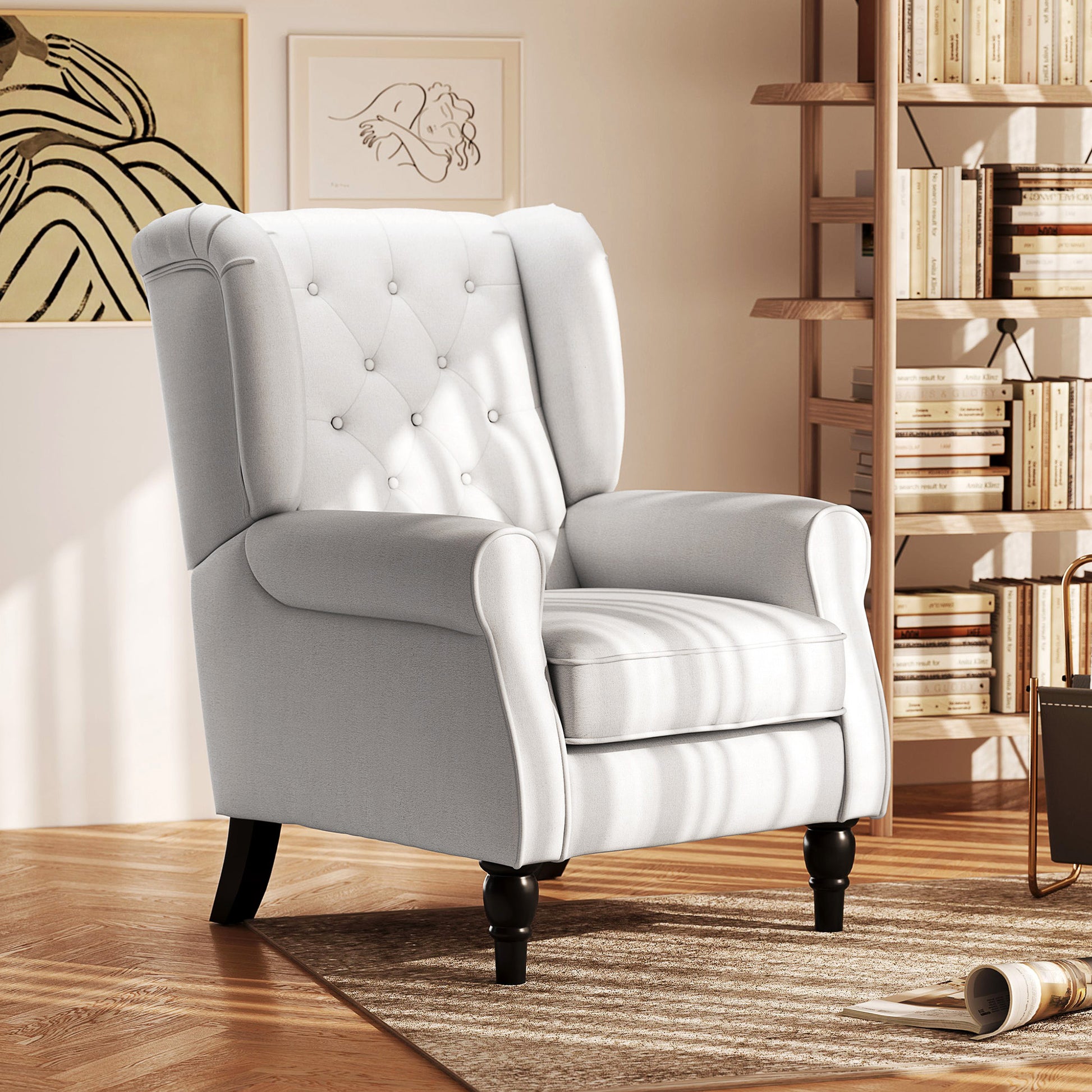 Wingback Chair with Tufting, High Backrest, Upholstered Lounge Chair with Rounded Armrests, Wooden Legs, for Bedroom, Living Room, up to 160 kg, Cream White