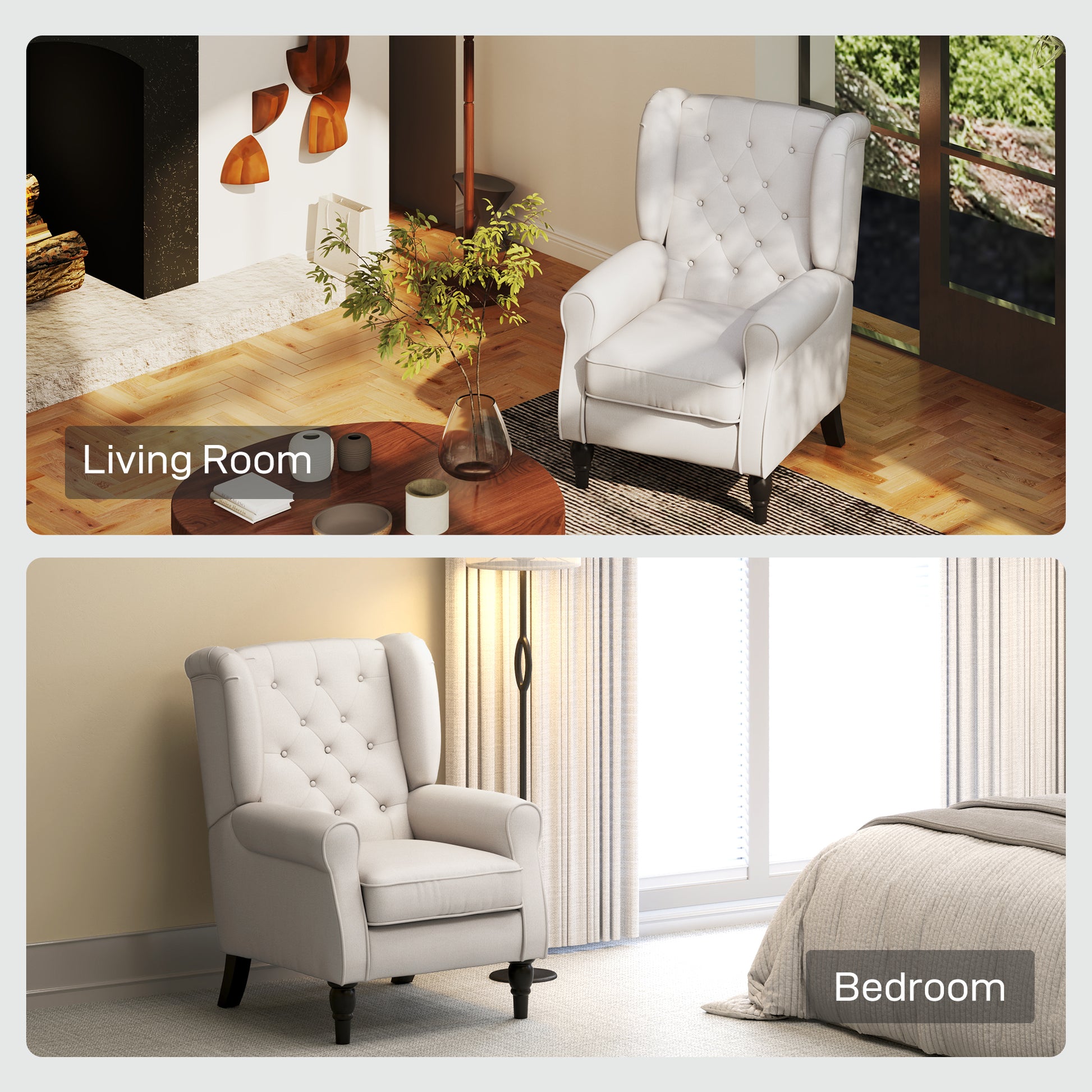 Wingback Chair with Tufting, High Backrest, Upholstered Lounge Chair with Rounded Armrests, Wooden Legs, for Bedroom, Living Room, up to 160 kg, Cream White