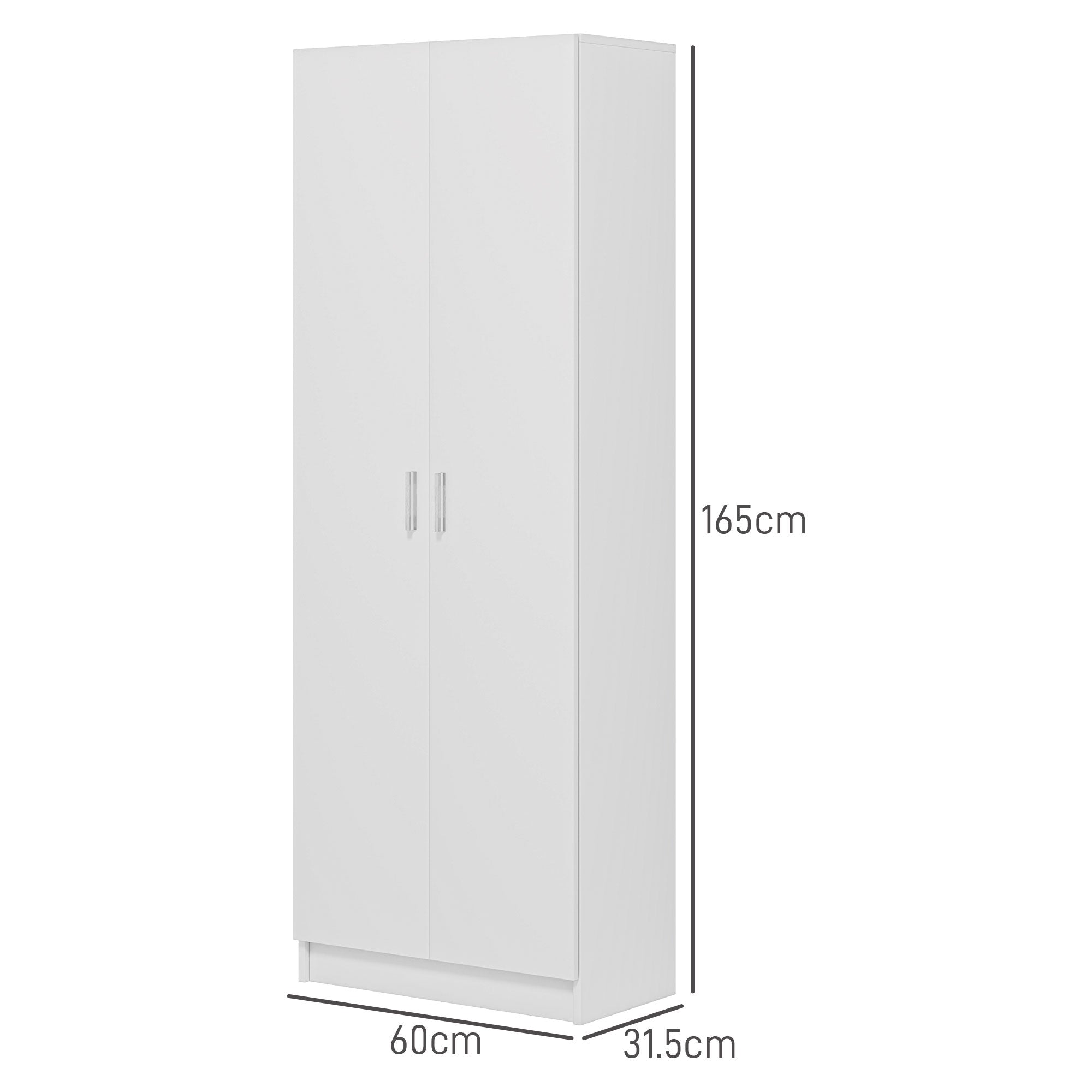 Multi-Purpose Wardrobe with Swing Doors, 5 Shelves, and 3 Adjustable Levels, Chipboard Wooden Credenza for Shoes, Entryway, Bedroom, and Bathroom, 60x31.5x165 cm, White
