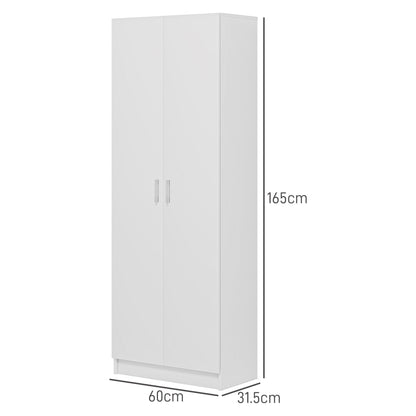 Multi-Purpose Wardrobe with Swing Doors, 5 Shelves, and 3 Adjustable Levels, Chipboard Wooden Credenza for Shoes, Entryway, Bedroom, and Bathroom, 60x31.5x165 cm, White