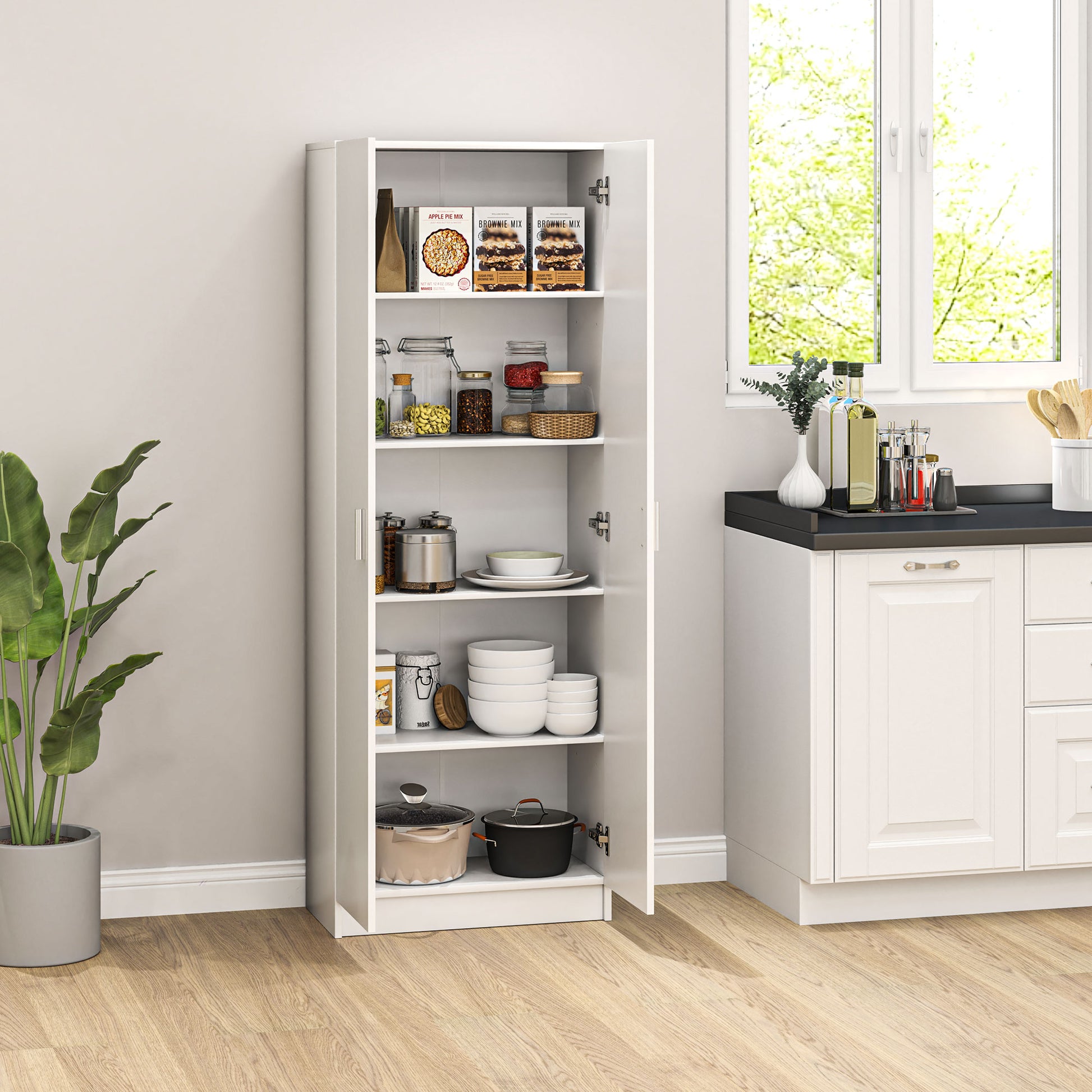 Multi-Purpose Wardrobe with Swing Doors, 5 Shelves, and 3 Adjustable Levels, Chipboard Wooden Credenza for Shoes, Entryway, Bedroom, and Bathroom, 60x31.5x165 cm, White