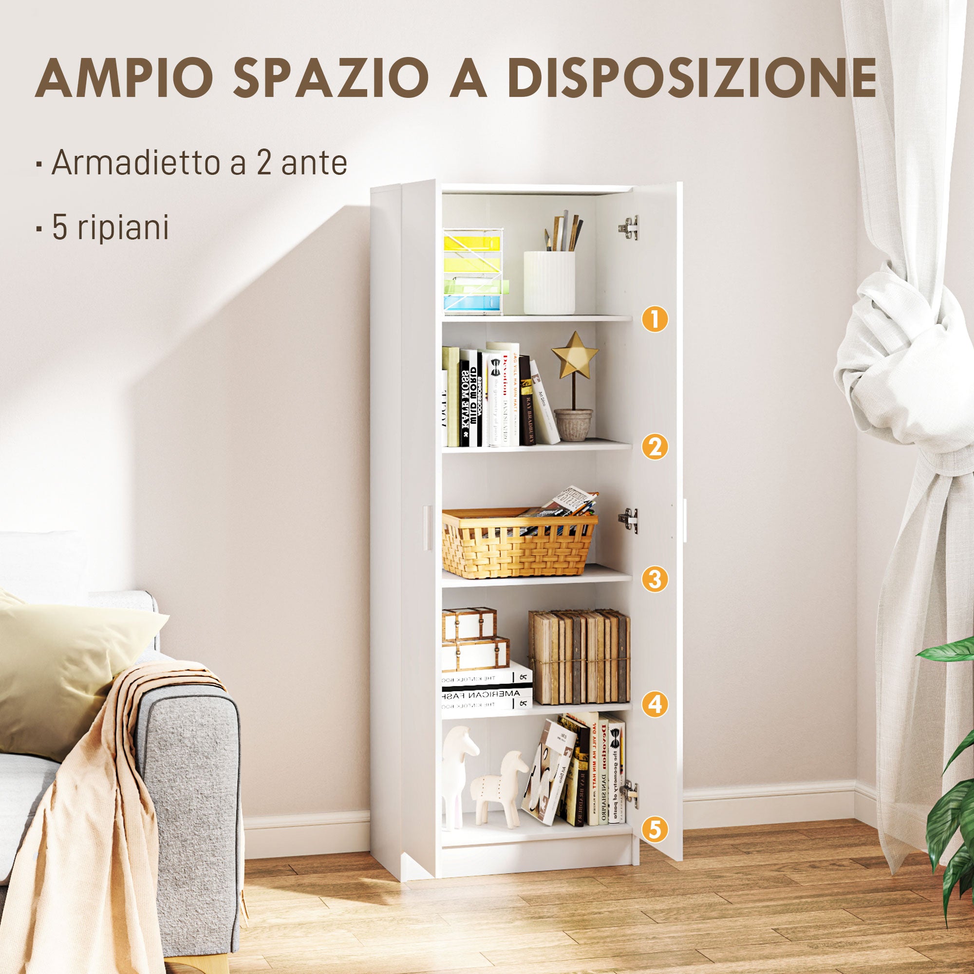 Multi-Purpose Wardrobe with Swing Doors, 5 Shelves, and 3 Adjustable Levels, Chipboard Wooden Credenza for Shoes, Entryway, Bedroom, and Bathroom, 60x31.5x165 cm, White