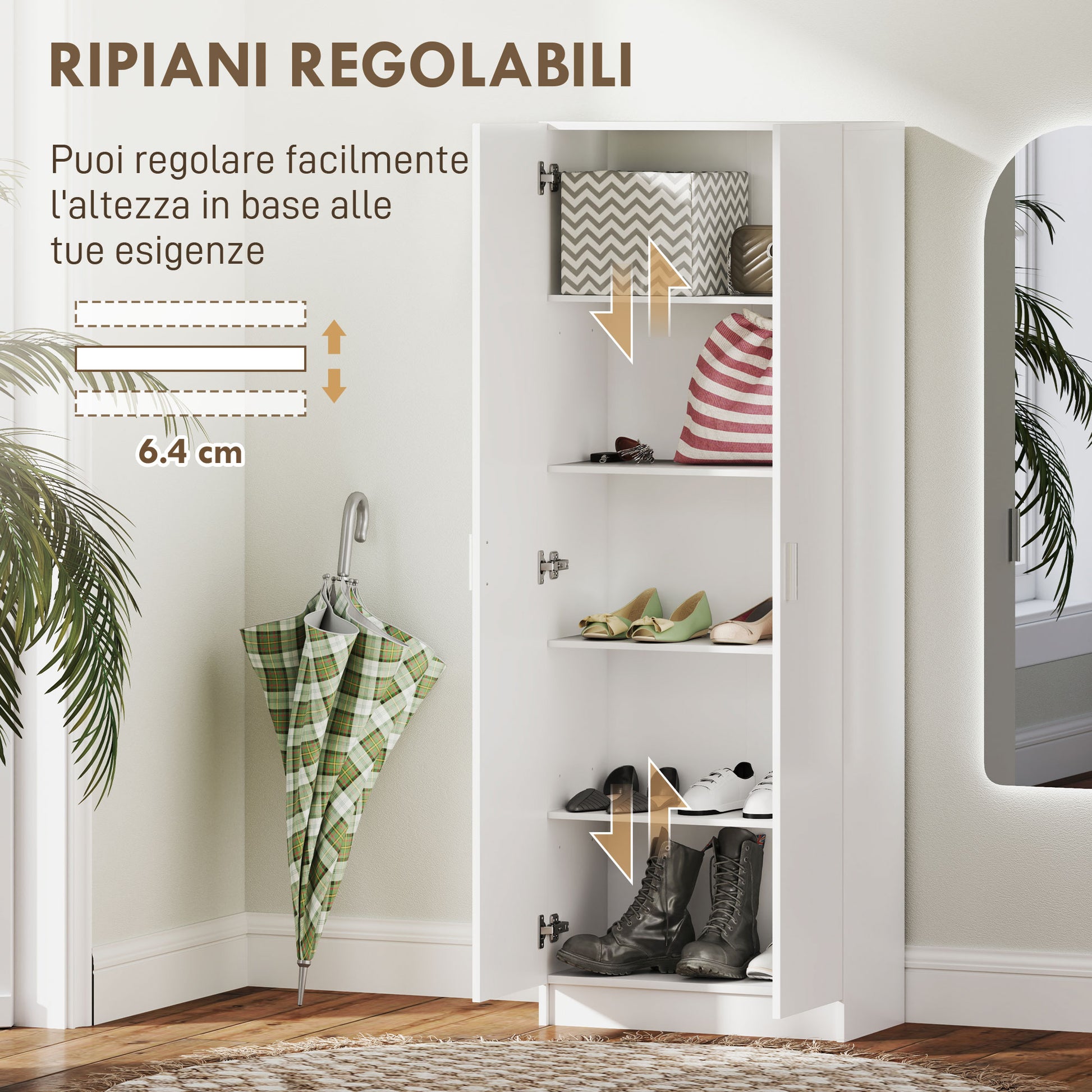 Multi-Purpose Wardrobe with Swing Doors, 5 Shelves, and 3 Adjustable Levels, Chipboard Wooden Credenza for Shoes, Entryway, Bedroom, and Bathroom, 60x31.5x165 cm, White