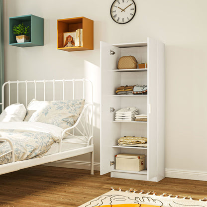 Multi-Purpose Wardrobe with Swing Doors, 5 Shelves, and 3 Adjustable Levels, Chipboard Wooden Credenza for Shoes, Entryway, Bedroom, and Bathroom, 60x31.5x165 cm, White