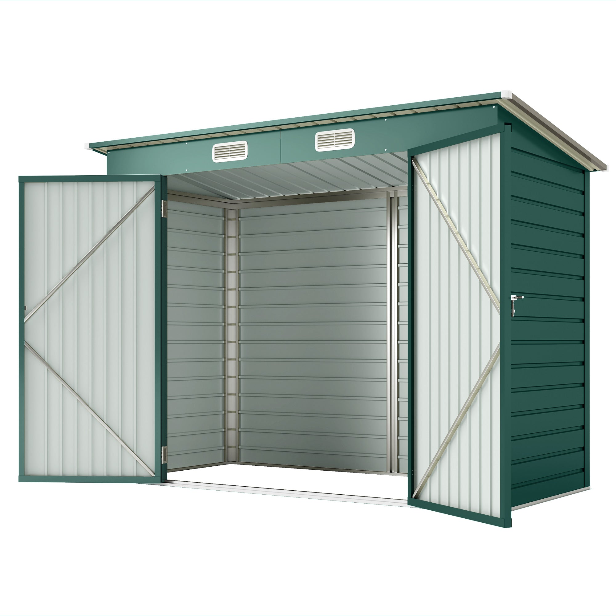 Metal Tool Shed 4.1 m² 249x121x183cm Shed with Pent Roof Lockable Double Door Window Garden House Outdoor Garden Shed Cabinet for Backyard Green