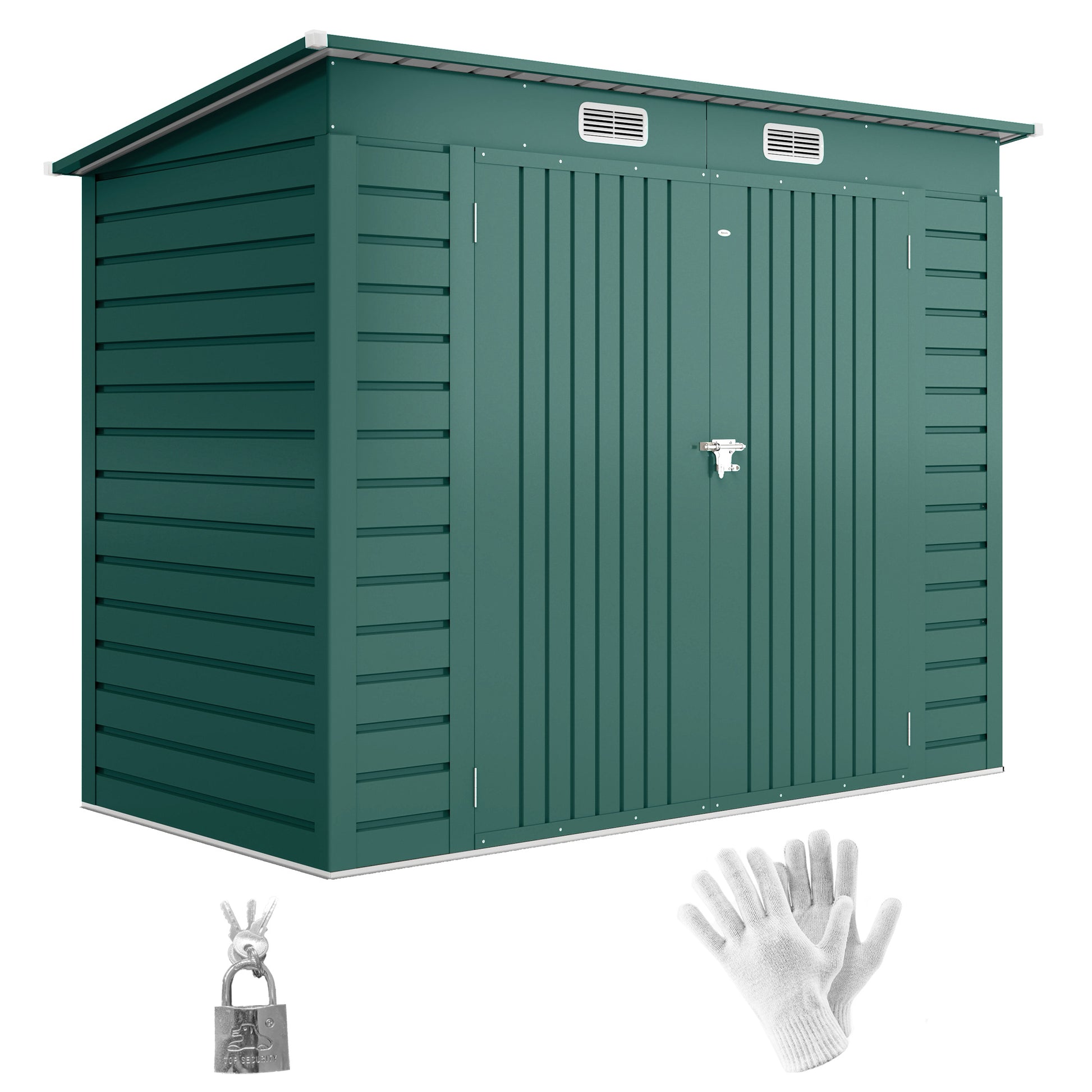 Metal Tool Shed 4.1 m² 249x121x183cm Shed with Pent Roof Lockable Double Door Window Garden House Outdoor Garden Shed Cabinet for Backyard Green