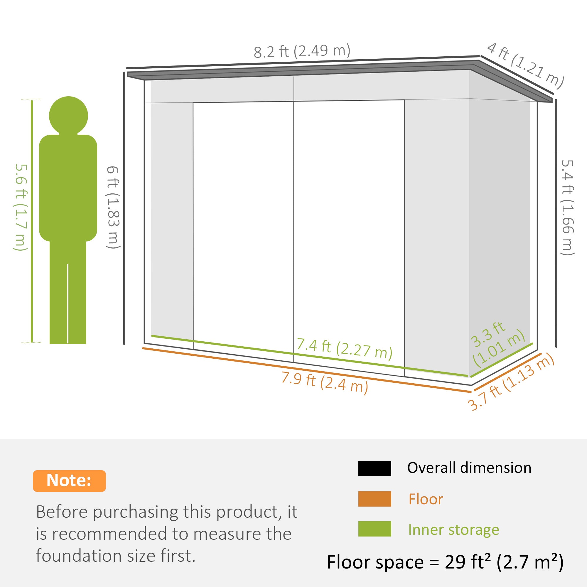 Metal Tool Shed 4.1 m² 249x121x183cm Shed with Pent Roof Lockable Double Door Window Garden House Outdoor Garden Shed Cabinet for Backyard Green