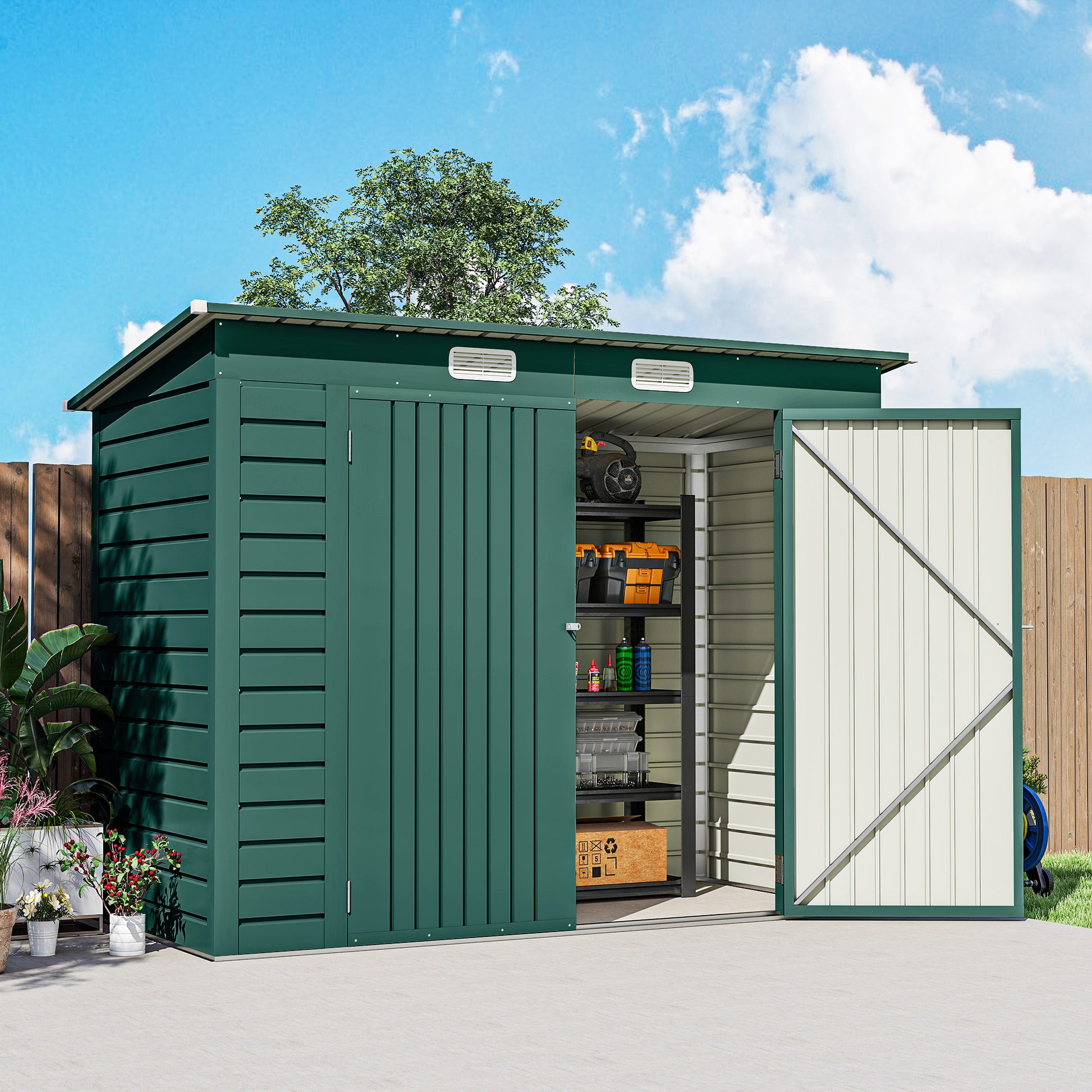 Metal Tool Shed 4.1 m² 249x121x183cm Shed with Pent Roof Lockable Double Door Window Garden House Outdoor Garden Shed Cabinet for Backyard Green