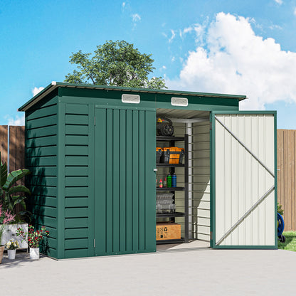 Metal Tool Shed 4.1 m² 249x121x183cm Shed with Pent Roof Lockable Double Door Window Garden House Outdoor Garden Shed Cabinet for Backyard Green