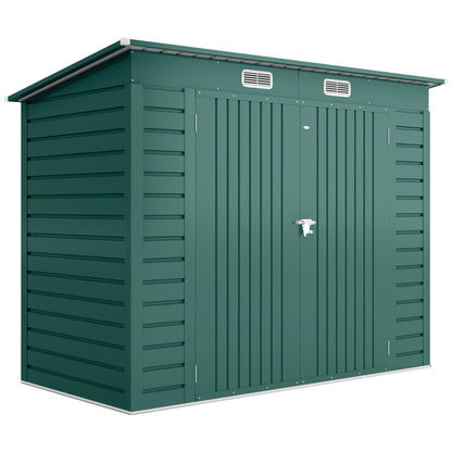 Metal Tool Shed 4.1 m² 249x121x183cm Shed with Pent Roof Lockable Double Door Window Garden House Outdoor Garden Shed Cabinet for Backyard Green
