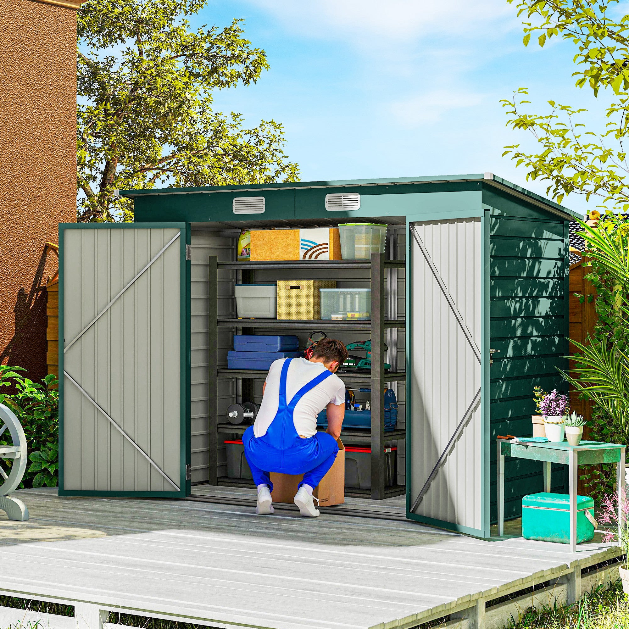 Metal Tool Shed 4.1 m² 249x121x183cm Shed with Pent Roof Lockable Double Door Window Garden House Outdoor Garden Shed Cabinet for Backyard Green
