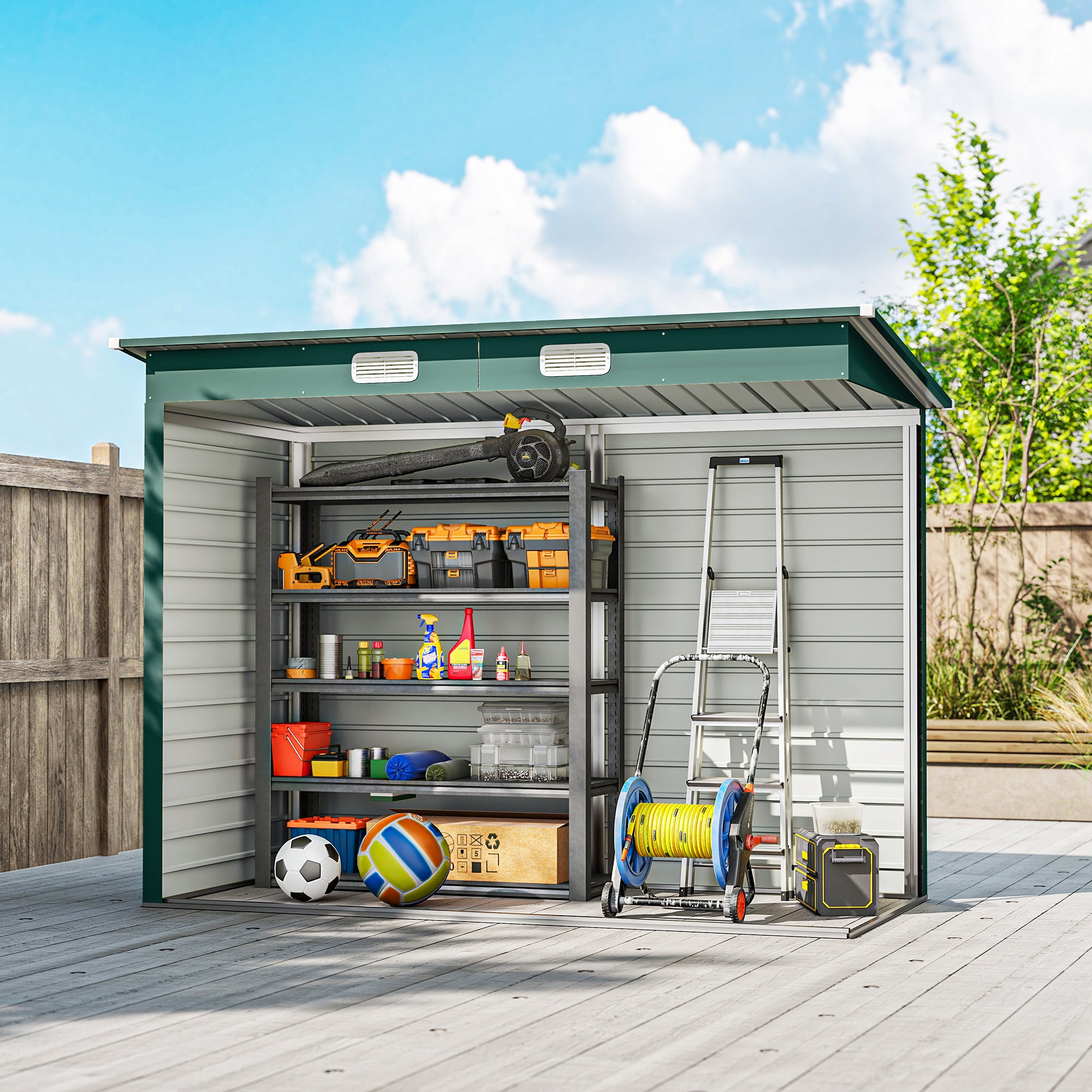 Metal Tool Shed 4.1 m² 249x121x183cm Shed with Pent Roof Lockable Double Door Window Garden House Outdoor Garden Shed Cabinet for Backyard Green