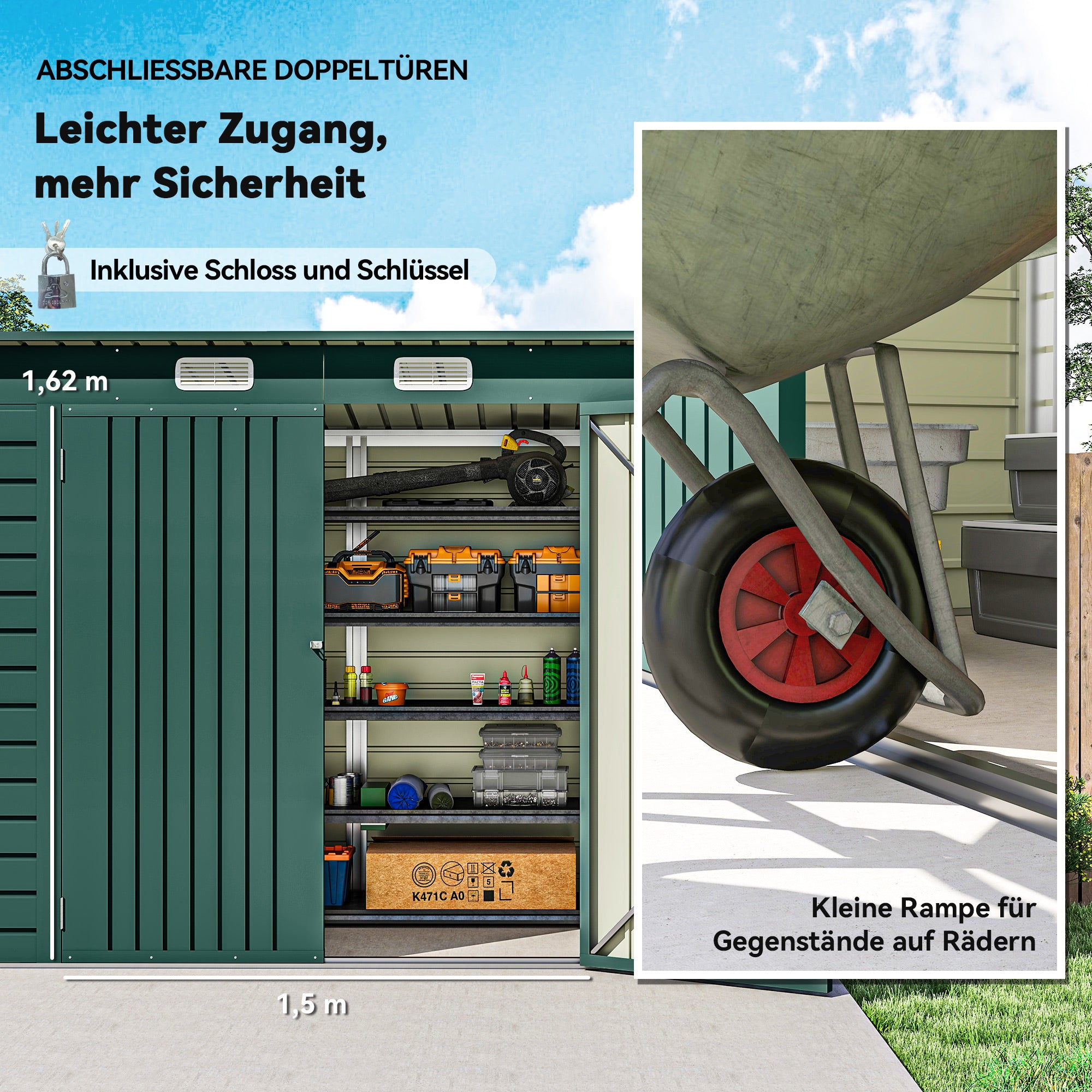 Metal Tool Shed 4.1 m² 249x121x183cm Shed with Pent Roof Lockable Double Door Window Garden House Outdoor Garden Shed Cabinet for Backyard Green