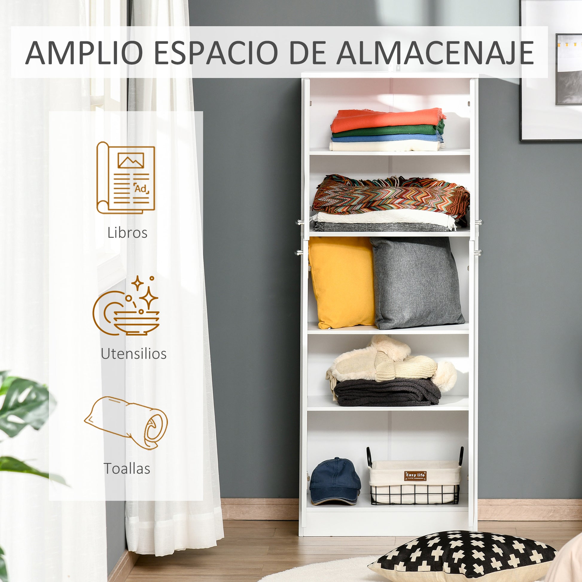 Tall 2-Door Auxiliar Storage Cabinet with 5 Shelves and Adjustable Shelves Modern for Living Room Bedroom Kitchen 59x31x155 cm White