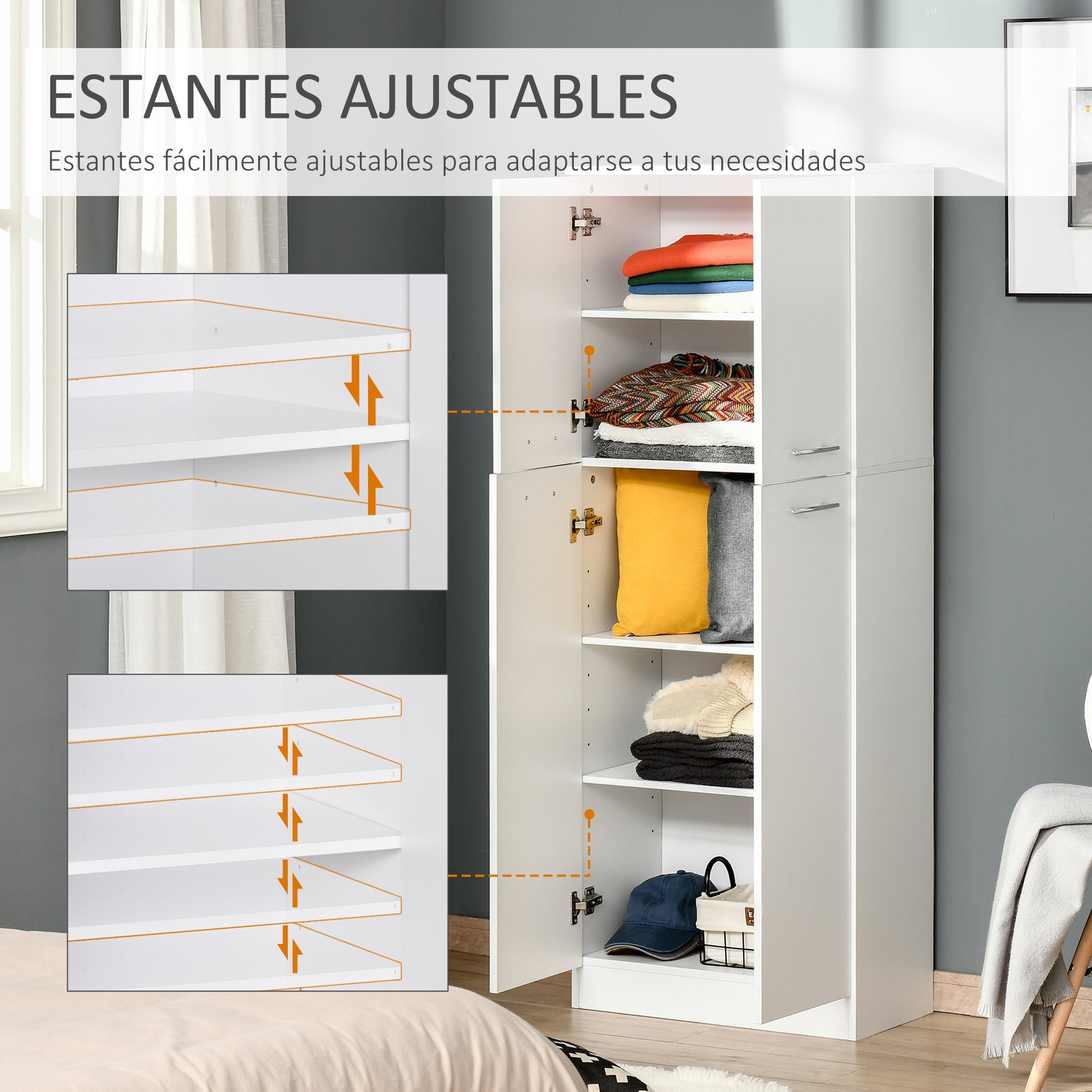 Tall 2-Door Auxiliar Storage Cabinet with 5 Shelves and Adjustable Shelves Modern for Living Room Bedroom Kitchen 59x31x155 cm White