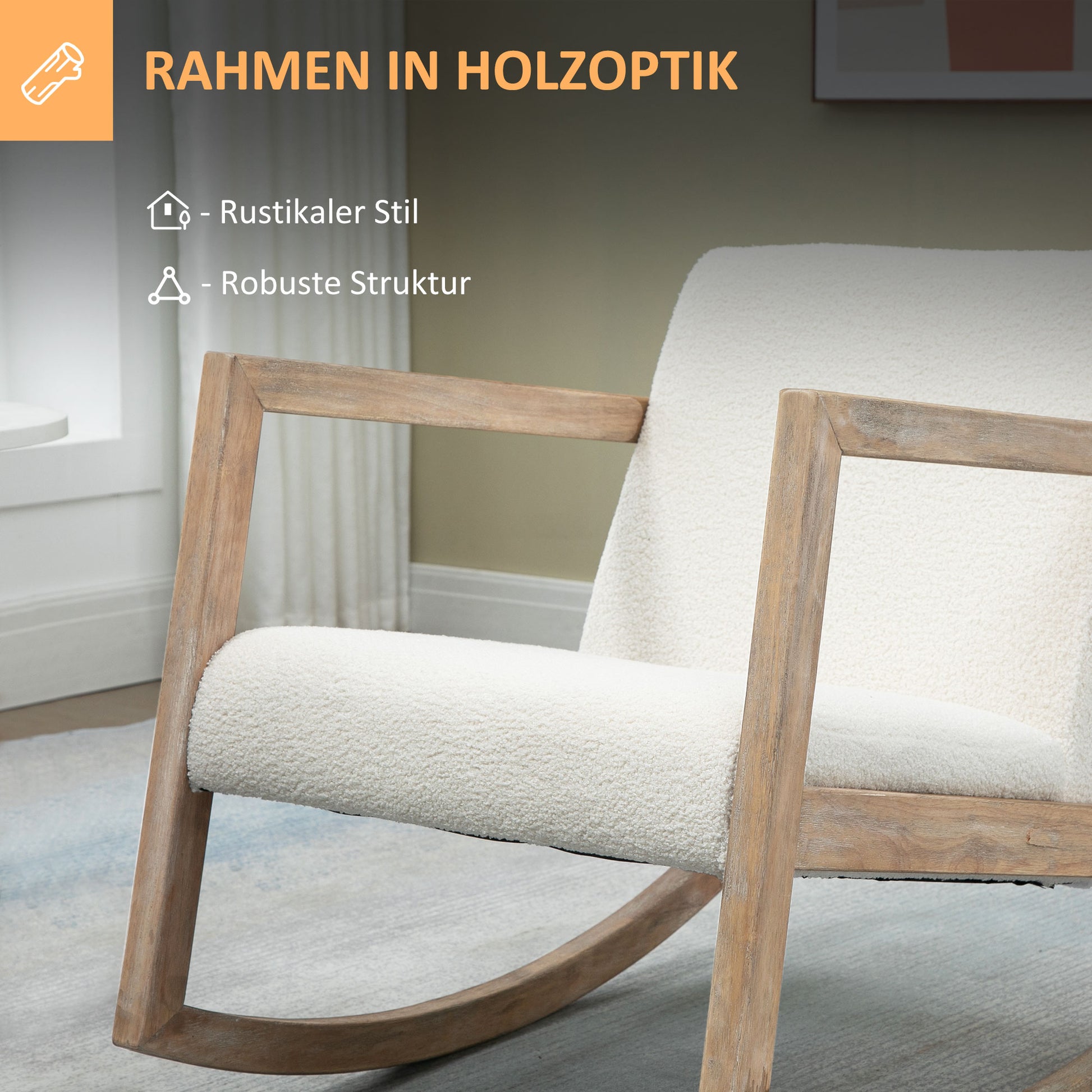 Rocking Chair with Wooden Frame Upholstered Relax Chair Armchair Lounge with Padded Seat Rubberwood Cream 60 x 81 x 71 cm