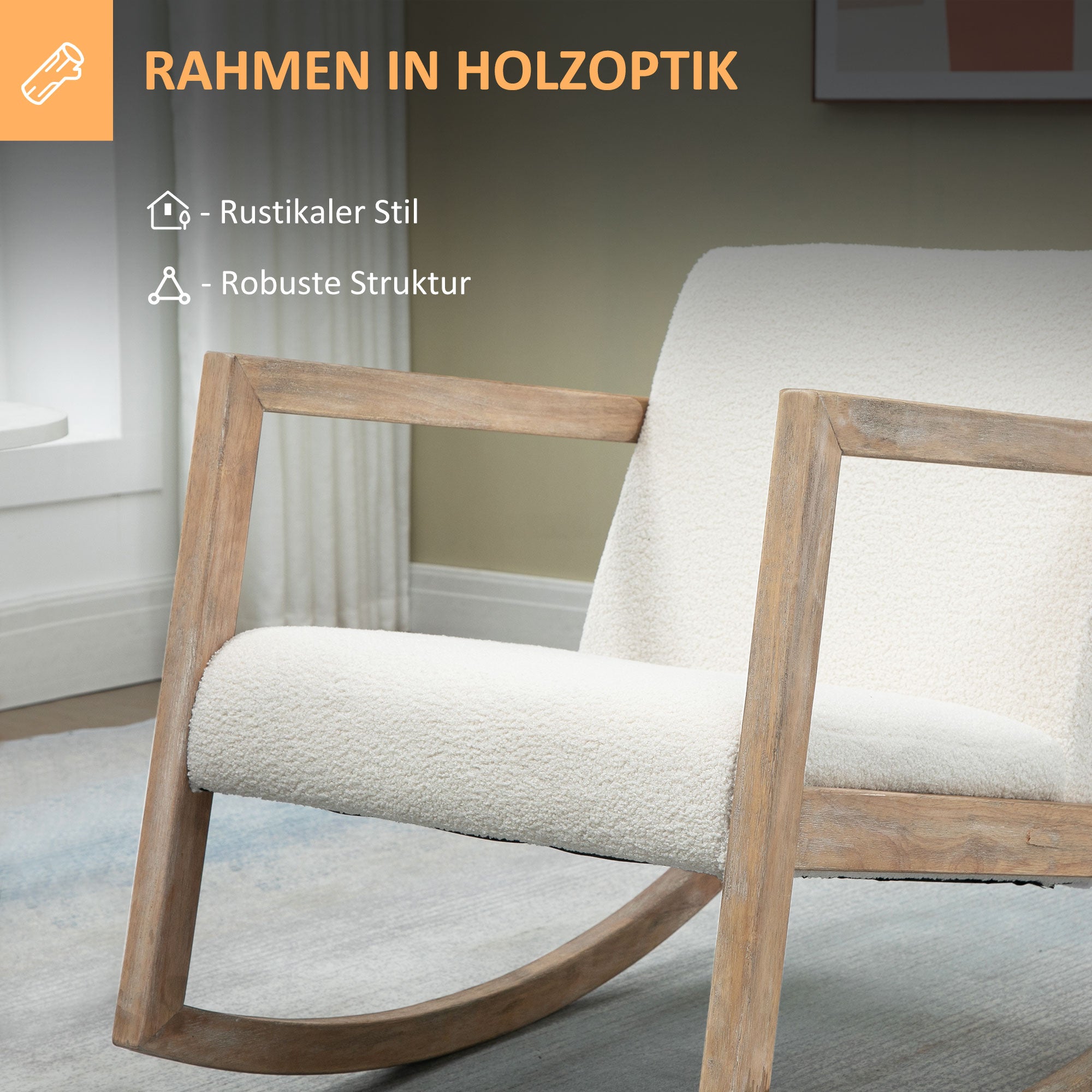 Rocking Chair with Wooden Frame Upholstered Relax Chair Armchair Lounge with Padded Seat Rubberwood Cream 60 x 81 x 71 cm