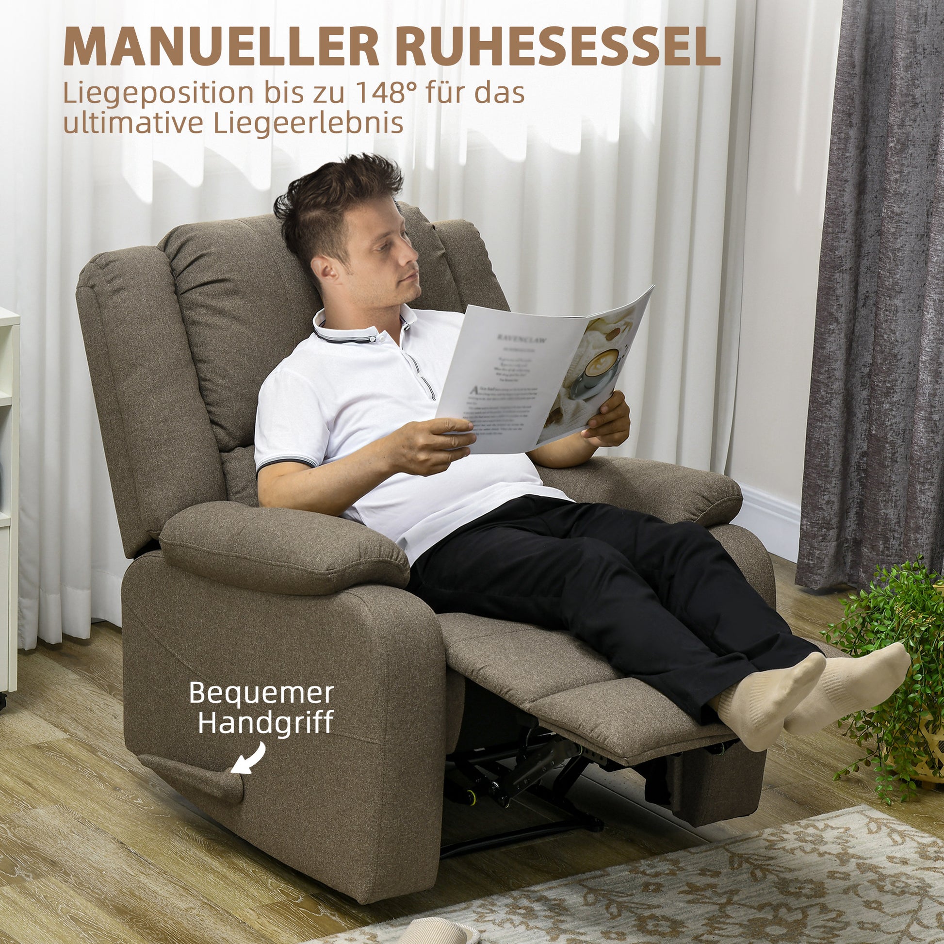 Manual Recliner Armchair with Lie Function, Linen Look, TV Chair with Side Handle, Footrest, Up to 150 kg Load Capacity, for Living Room, Brown