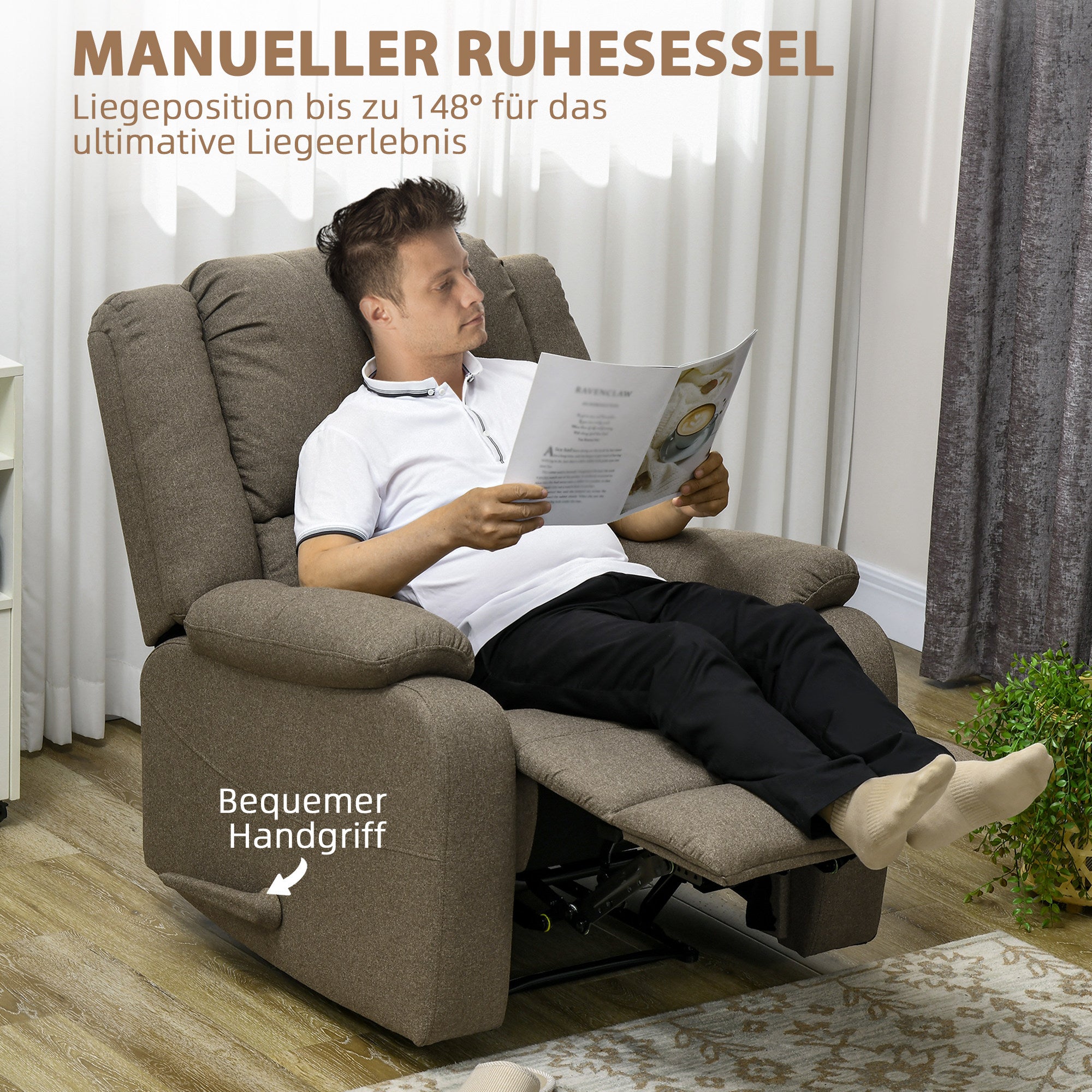 Manual Recliner Armchair with Lie Function, Linen Look, TV Chair with Side Handle, Footrest, Up to 150 kg Load Capacity, for Living Room, Brown