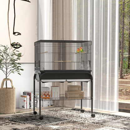 Large Bird Cage, Parrot Cage, Indoor Outdoor Bird Aviary, with Stand, Wheels for Cockatoos Parakeets Canaries Parrots, Steel, 85 x 49 x 119 cm, Black