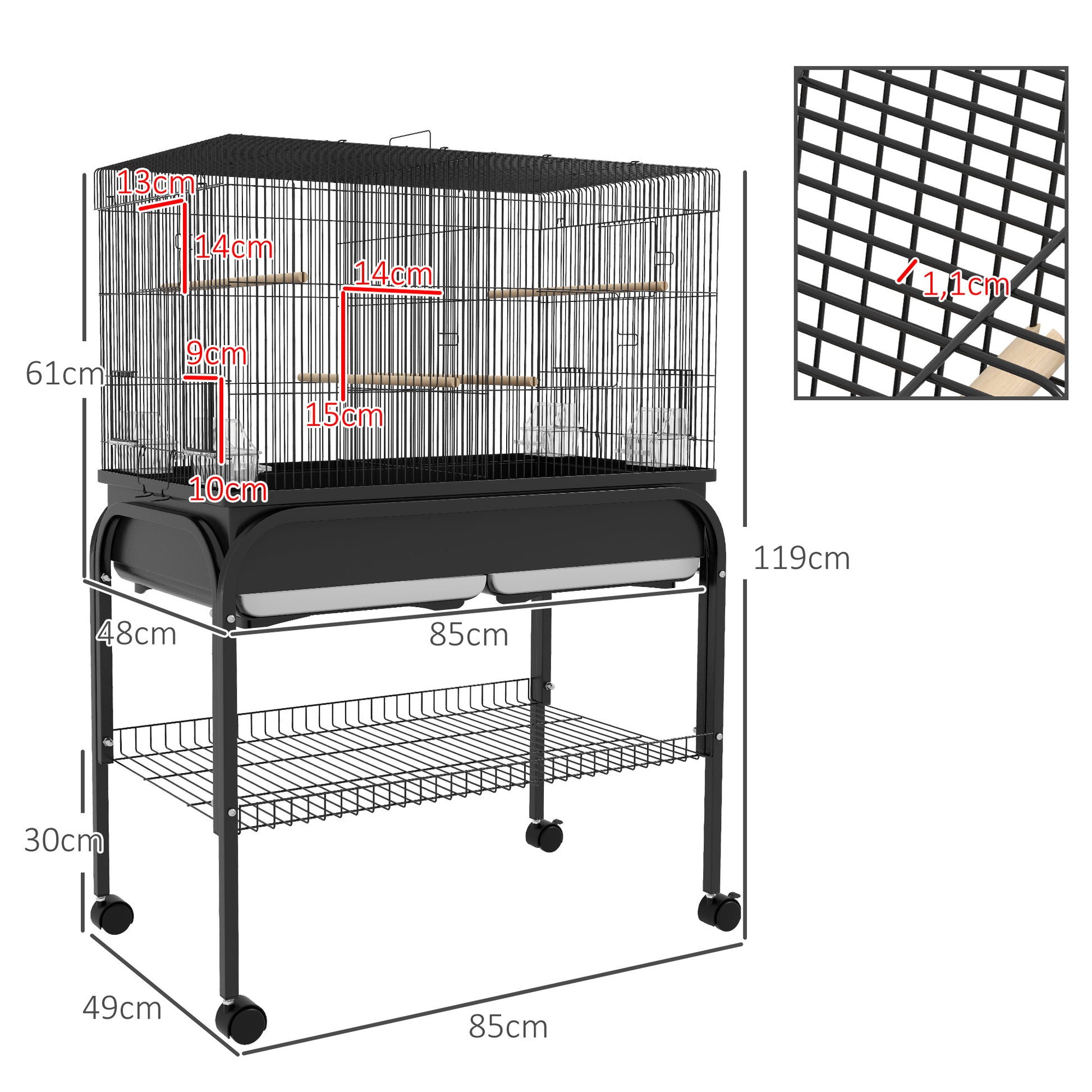 Large Bird Cage, Parrot Cage, Indoor Outdoor Bird Aviary, with Stand, Wheels for Cockatoos Parakeets Canaries Parrots, Steel, 85 x 49 x 119 cm, Black