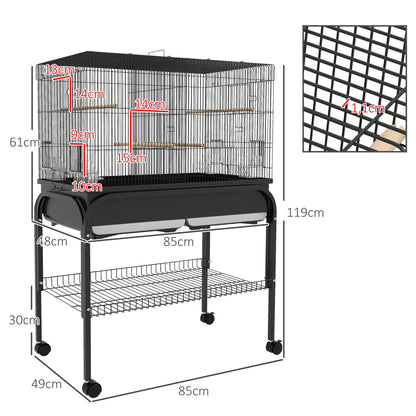 Large Bird Cage, Parrot Cage, Indoor Outdoor Bird Aviary, with Stand, Wheels for Cockatoos Parakeets Canaries Parrots, Steel, 85 x 49 x 119 cm, Black