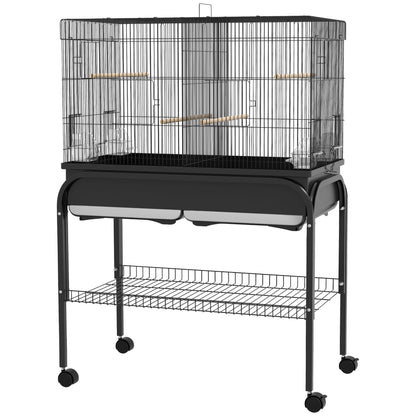 Large Bird Cage, Parrot Cage, Indoor Outdoor Bird Aviary, with Stand, Wheels for Cockatoos Parakeets Canaries Parrots, Steel, 85 x 49 x 119 cm, Black