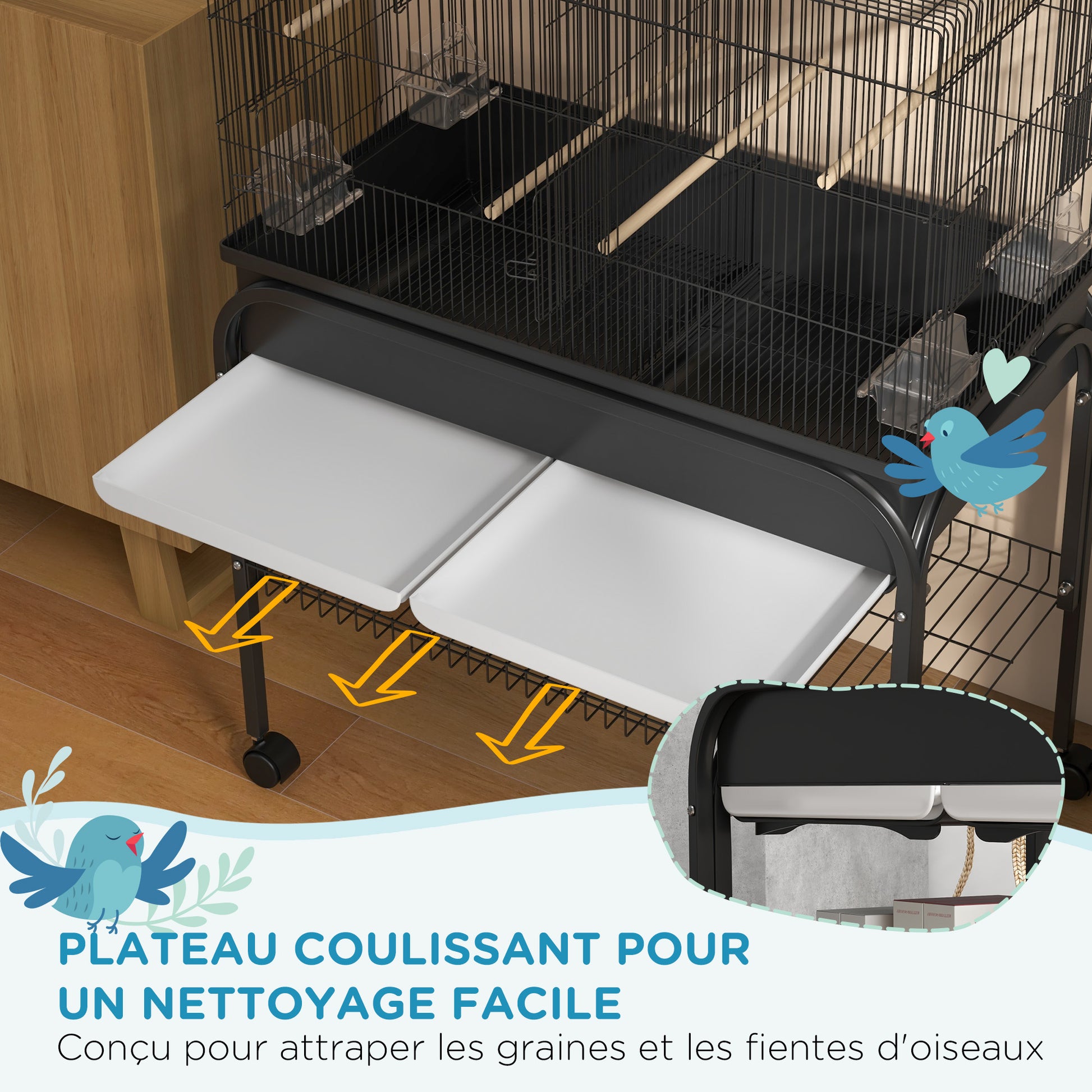 Large Bird Cage, Parrot Cage, Indoor Outdoor Bird Aviary, with Stand, Wheels for Cockatoos Parakeets Canaries Parrots, Steel, 85 x 49 x 119 cm, Black