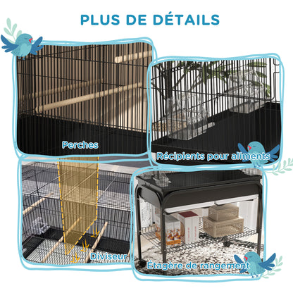 Large Bird Cage, Parrot Cage, Indoor Outdoor Bird Aviary, with Stand, Wheels for Cockatoos Parakeets Canaries Parrots, Steel, 85 x 49 x 119 cm, Black