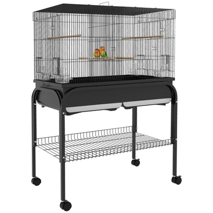 Large Bird Cage, Parrot Cage, Indoor Outdoor Bird Aviary, with Stand, Wheels for Cockatoos Parakeets Canaries Parrots, Steel, 85 x 49 x 119 cm, Black