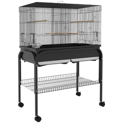 Large Bird Cage, Parrot Cage, Indoor Outdoor Bird Aviary, with Stand, Wheels for Cockatoos Parakeets Canaries Parrots, Steel, 85 x 49 x 119 cm, Black