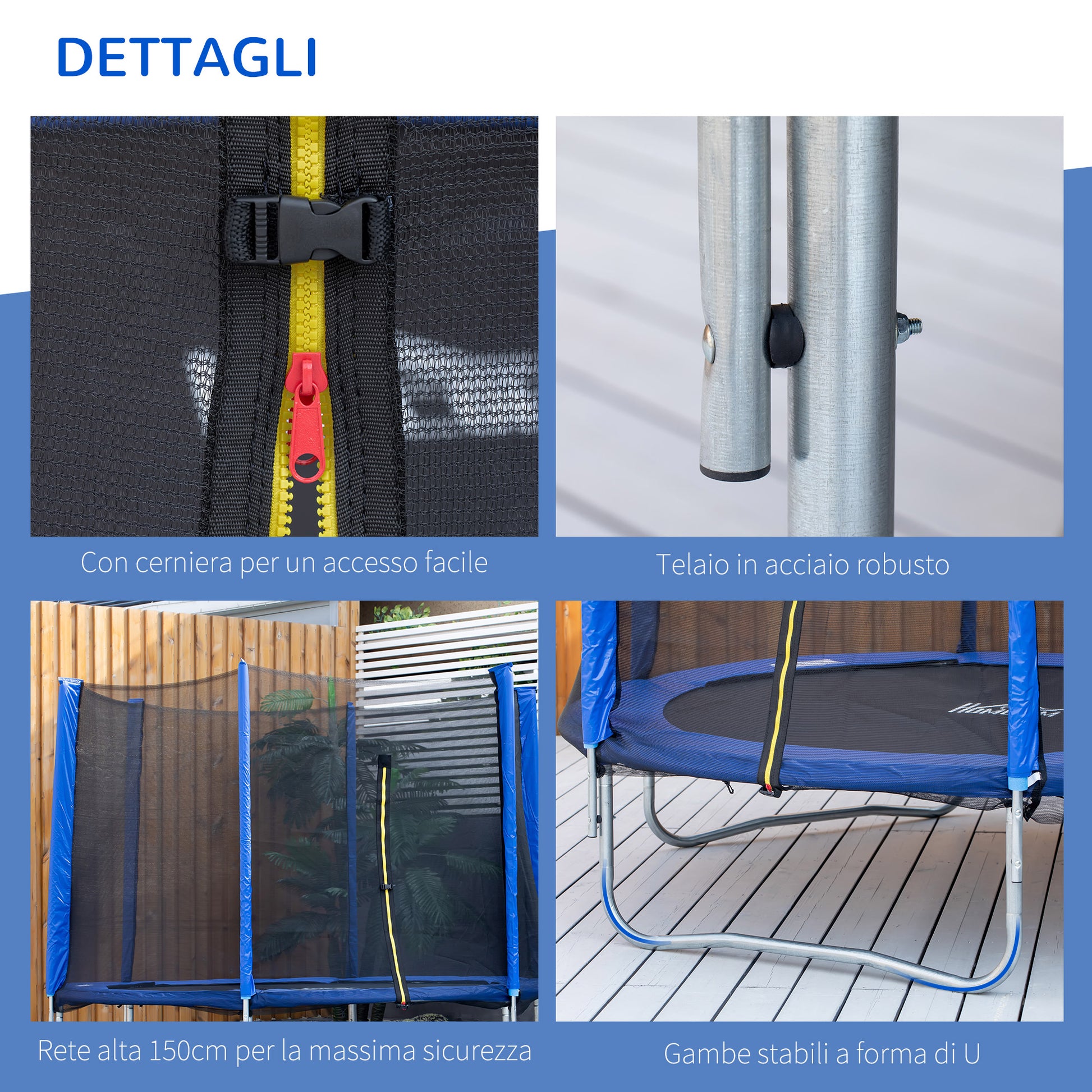 Elastic Trampoline for Children and Adults with Safety Net Padded Poles, Garden Trampoline, 244x244x205, Blue and Black