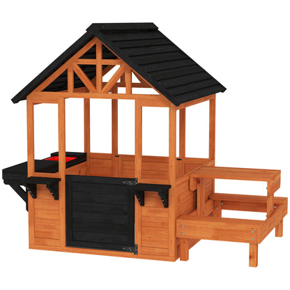 Wooden Outdoor Playhouse for Kids — Table, Benches, Sink, Door, Window & Flower Boxes, Brown, 166.3 x 112.5 x 139.7 cm (65.5 x 44.3 x 55.0 in)