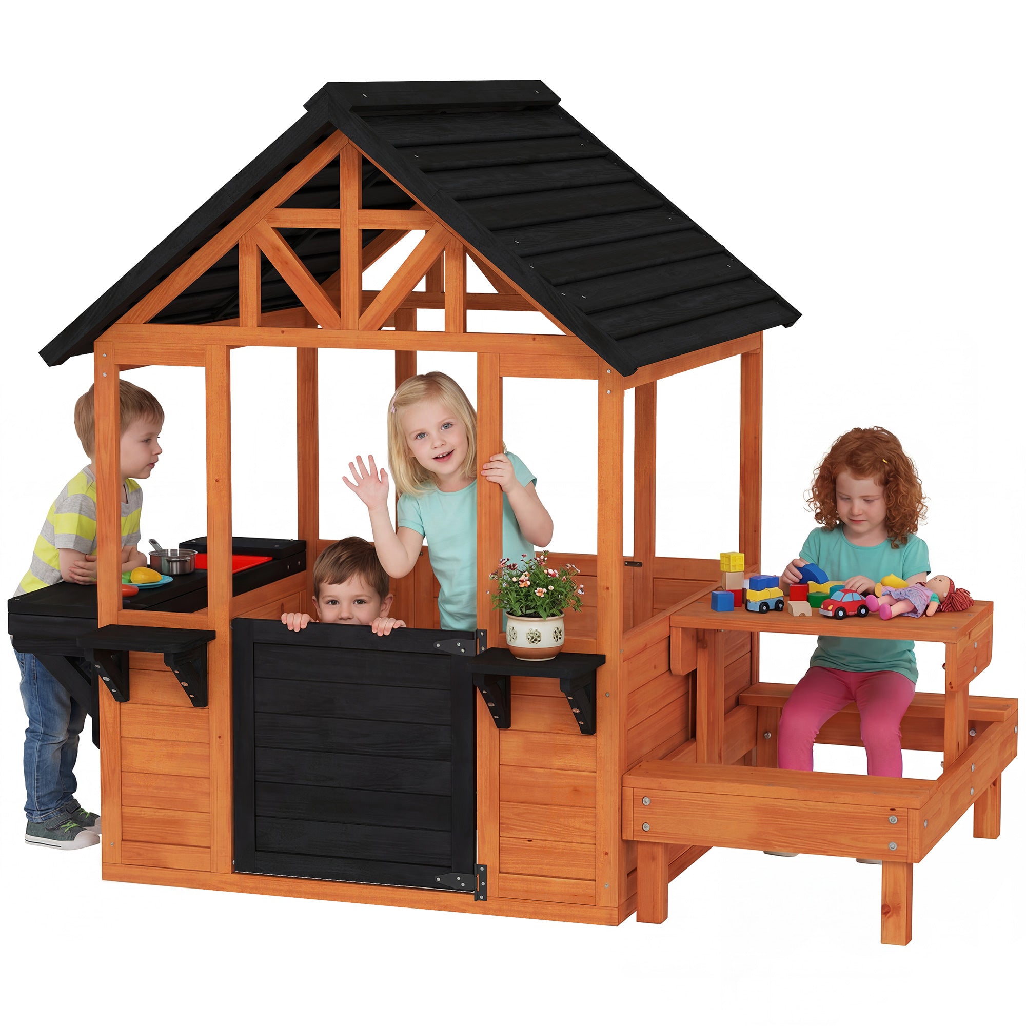 Wooden Outdoor Playhouse for Kids — Table, Benches, Sink, Door, Window & Flower Boxes, Brown, 166.3 x 112.5 x 139.7 cm (65.5 x 44.3 x 55.0 in)