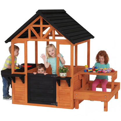 Wooden Outdoor Playhouse for Kids — Table, Benches, Sink, Door, Window & Flower Boxes, Brown, 166.3 x 112.5 x 139.7 cm (65.5 x 44.3 x 55.0 in)