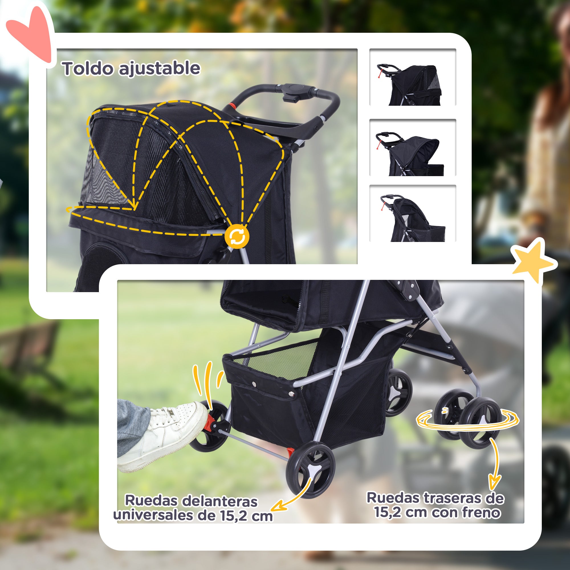 Folding Pet Stroller Pet Carrier for Small Dogs with Adjustable Canopy Storage Basket 2 Universal Wheels Load 15 kg 75x46x94 cm Black