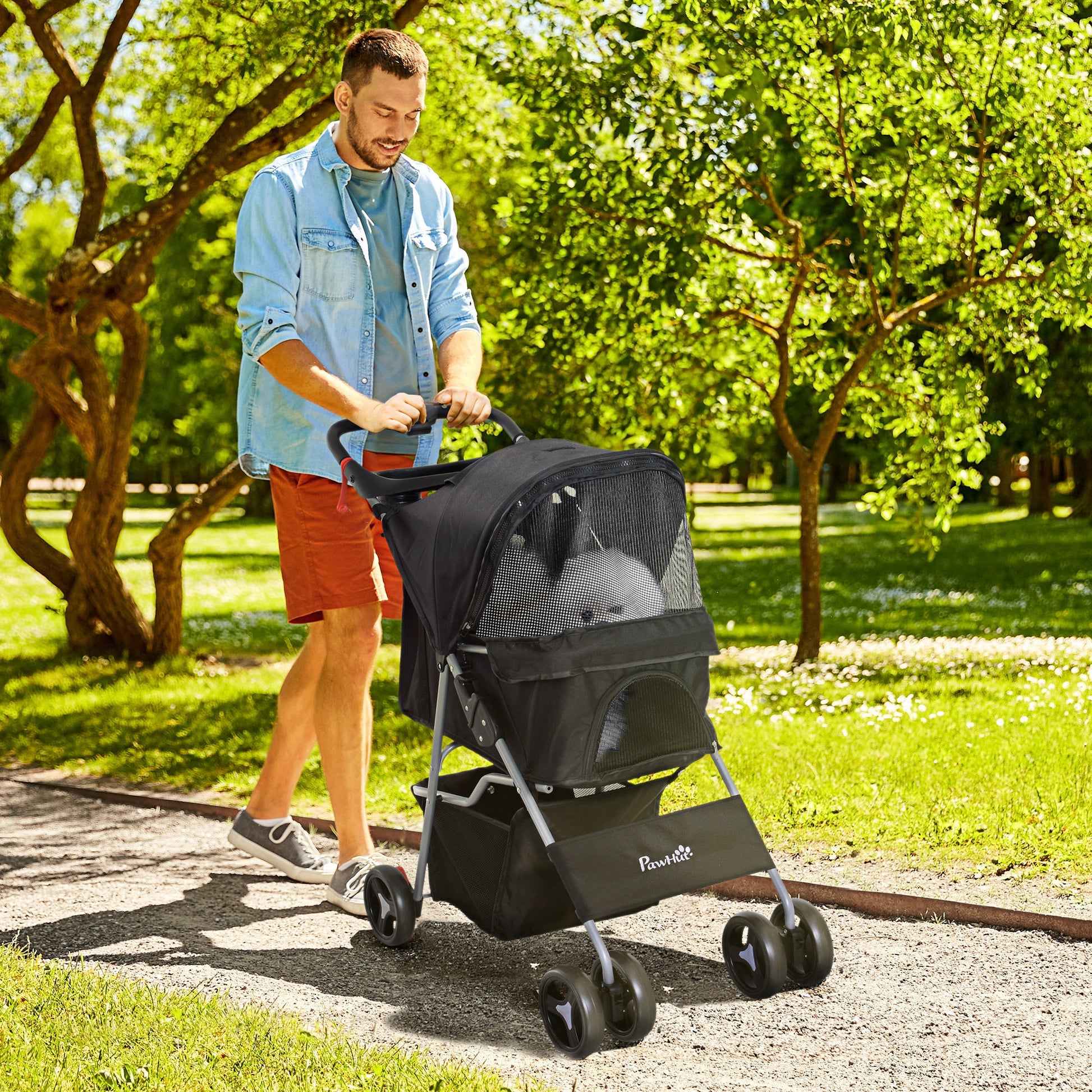 Folding Pet Stroller Pet Carrier for Small Dogs with Adjustable Canopy Storage Basket 2 Universal Wheels Load 15 kg 75x46x94 cm Black