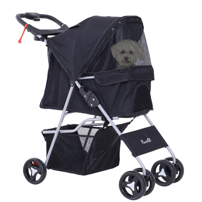 Folding Pet Stroller Pet Carrier for Small Dogs with Adjustable Canopy Storage Basket 2 Universal Wheels Load 15 kg 75x46x94 cm Black