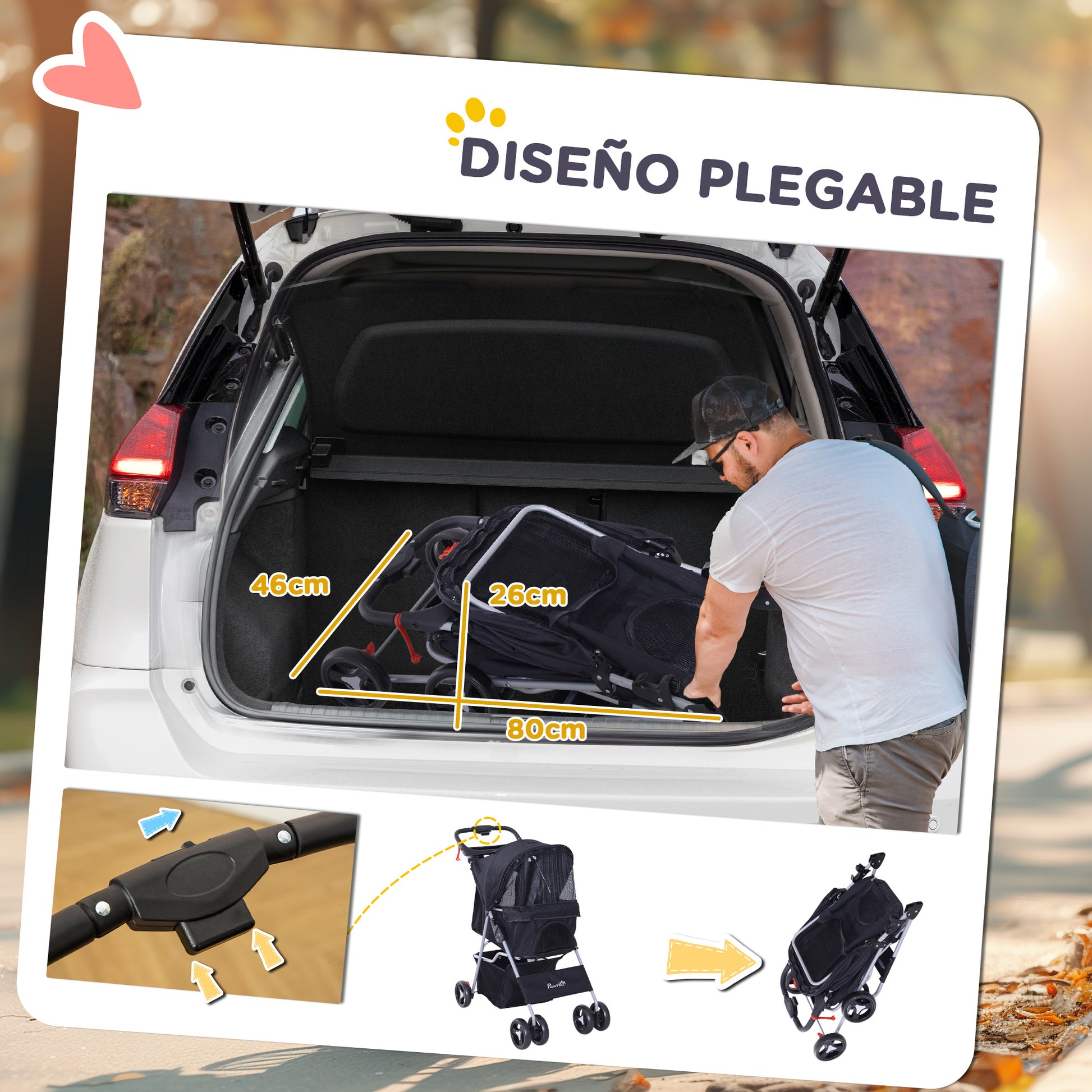Folding Pet Stroller Pet Carrier for Small Dogs with Adjustable Canopy Storage Basket 2 Universal Wheels Load 15 kg 75x46x94 cm Black