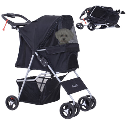 Folding Pet Stroller Pet Carrier for Small Dogs with Adjustable Canopy Storage Basket 2 Universal Wheels Load 15 kg 75x46x94 cm Black
