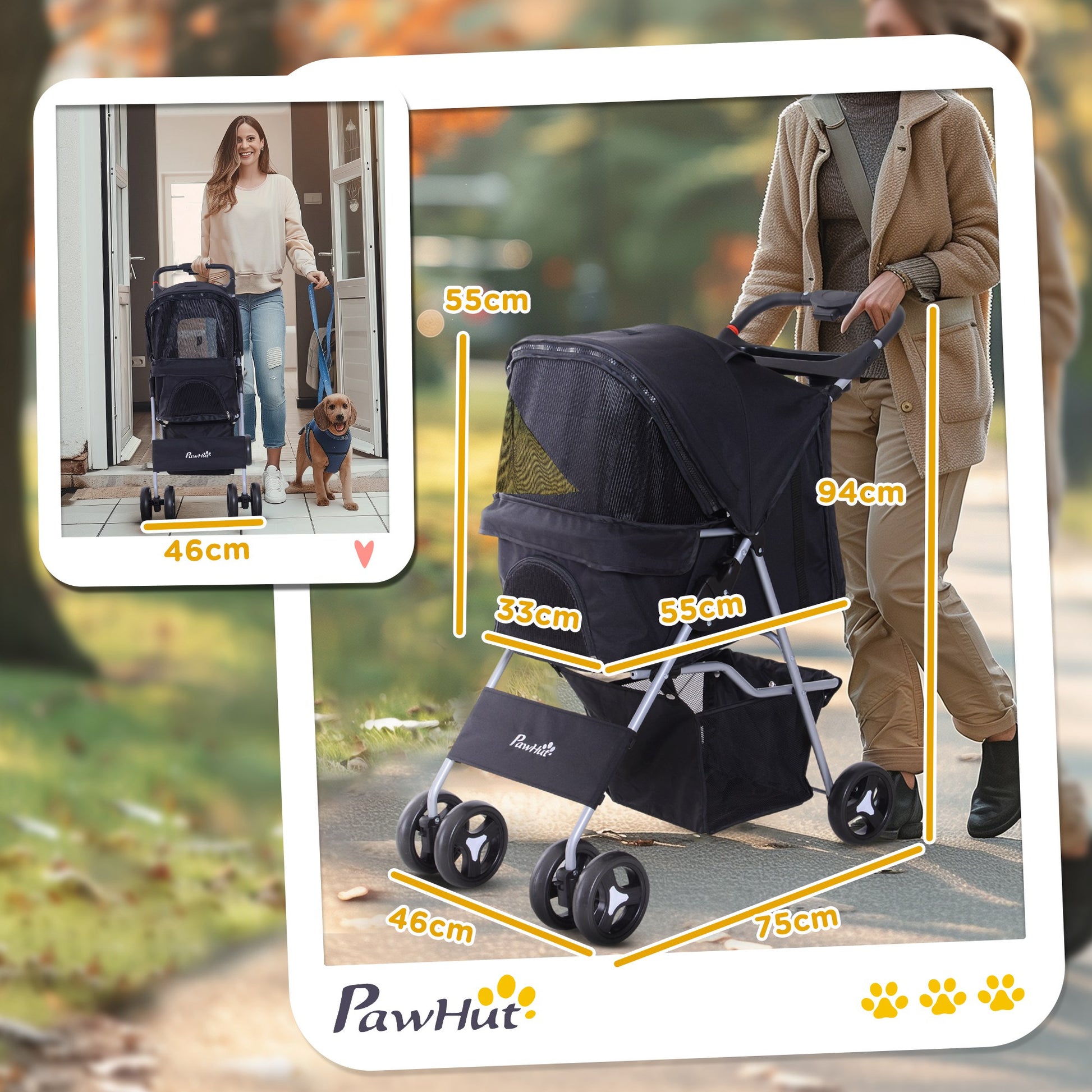 Folding Pet Stroller Pet Carrier for Small Dogs with Adjustable Canopy Storage Basket 2 Universal Wheels Load 15 kg 75x46x94 cm Black