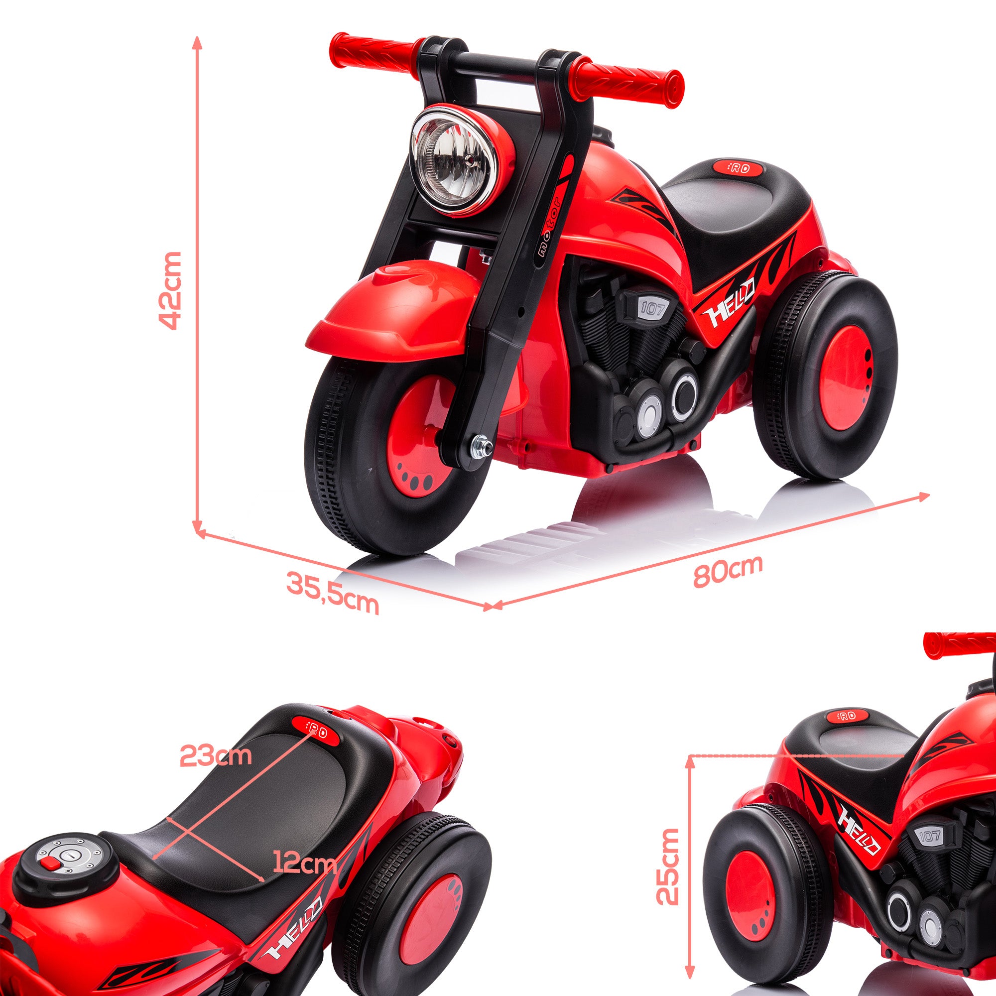 Kids Motorcycle, Slide Car with Music, Child Vehicle, 1.5V Kiddie Car with Bubbles, Tricycle Kids Motorcycle for Children 2-5 Years, up to 30 kg Load Capacity, Red