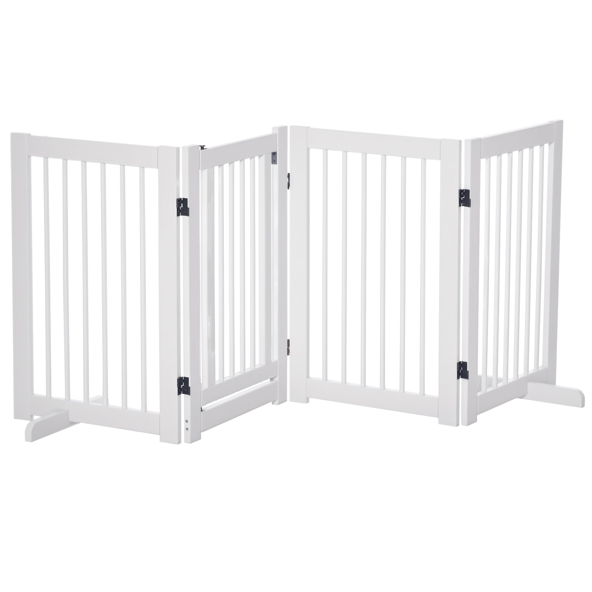 Free-Standing Dog Barrier with Feet 204 x 75 cm White Wood Dog Gate Stair Gate Door Guard Gate for Stairs, Doors, Kitchen, Hallway, 4 Panels