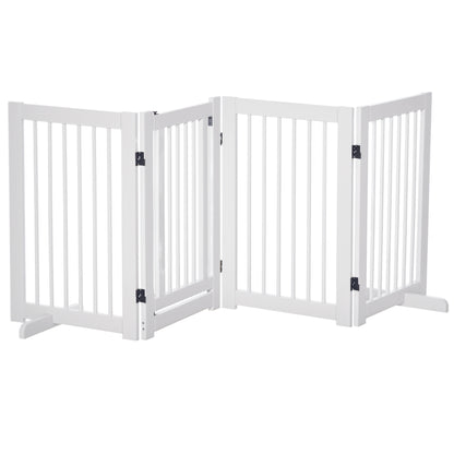 Free-Standing Dog Barrier with Feet 204 x 75 cm White Wood Dog Gate Stair Gate Door Guard Gate for Stairs, Doors, Kitchen, Hallway, 4 Panels