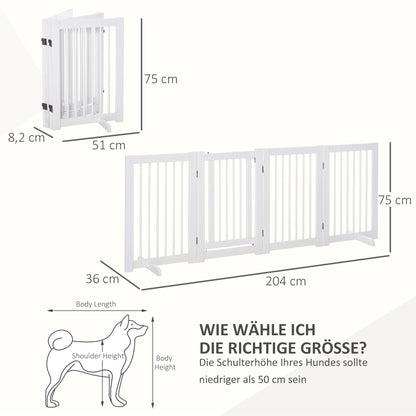 Free-Standing Dog Barrier with Feet 204 x 75 cm White Wood Dog Gate Stair Gate Door Guard Gate for Stairs, Doors, Kitchen, Hallway, 4 Panels