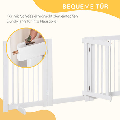 Free-Standing Dog Barrier with Feet 204 x 75 cm White Wood Dog Gate Stair Gate Door Guard Gate for Stairs, Doors, Kitchen, Hallway, 4 Panels