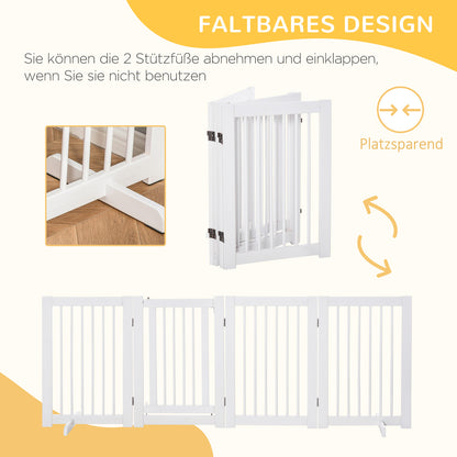 Free-Standing Dog Barrier with Feet 204 x 75 cm White Wood Dog Gate Stair Gate Door Guard Gate for Stairs, Doors, Kitchen, Hallway, 4 Panels