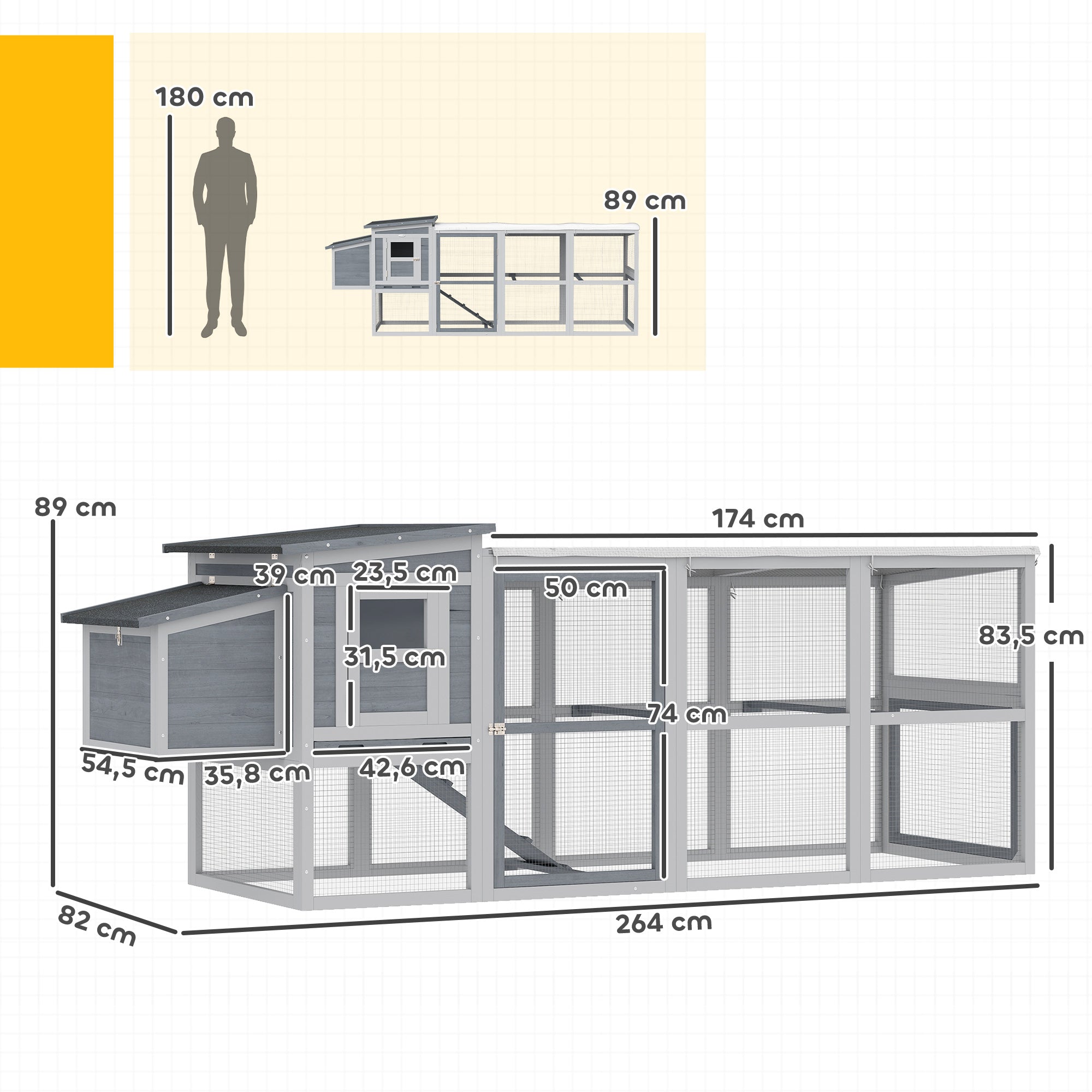 Wooden Chicken Coop with Run for 3–4 Hens, 104 x 32 x 35 in (264 x 82 x 89 cm) — Asphalt Roof, Oxford Cover, Nest Box, Perches, Pull-Out Tray — Gray